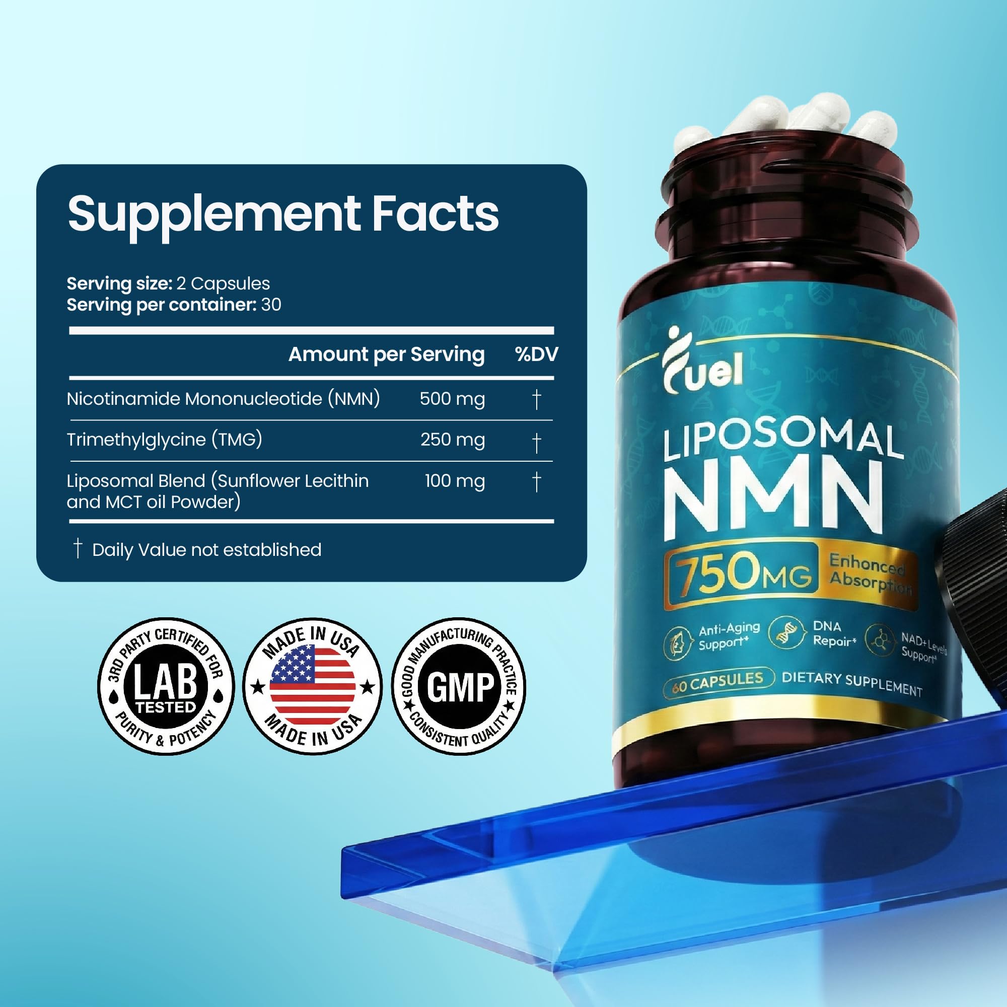 Fuel NMN Supplement 750mg Liposomal Delivery Capsules packaging