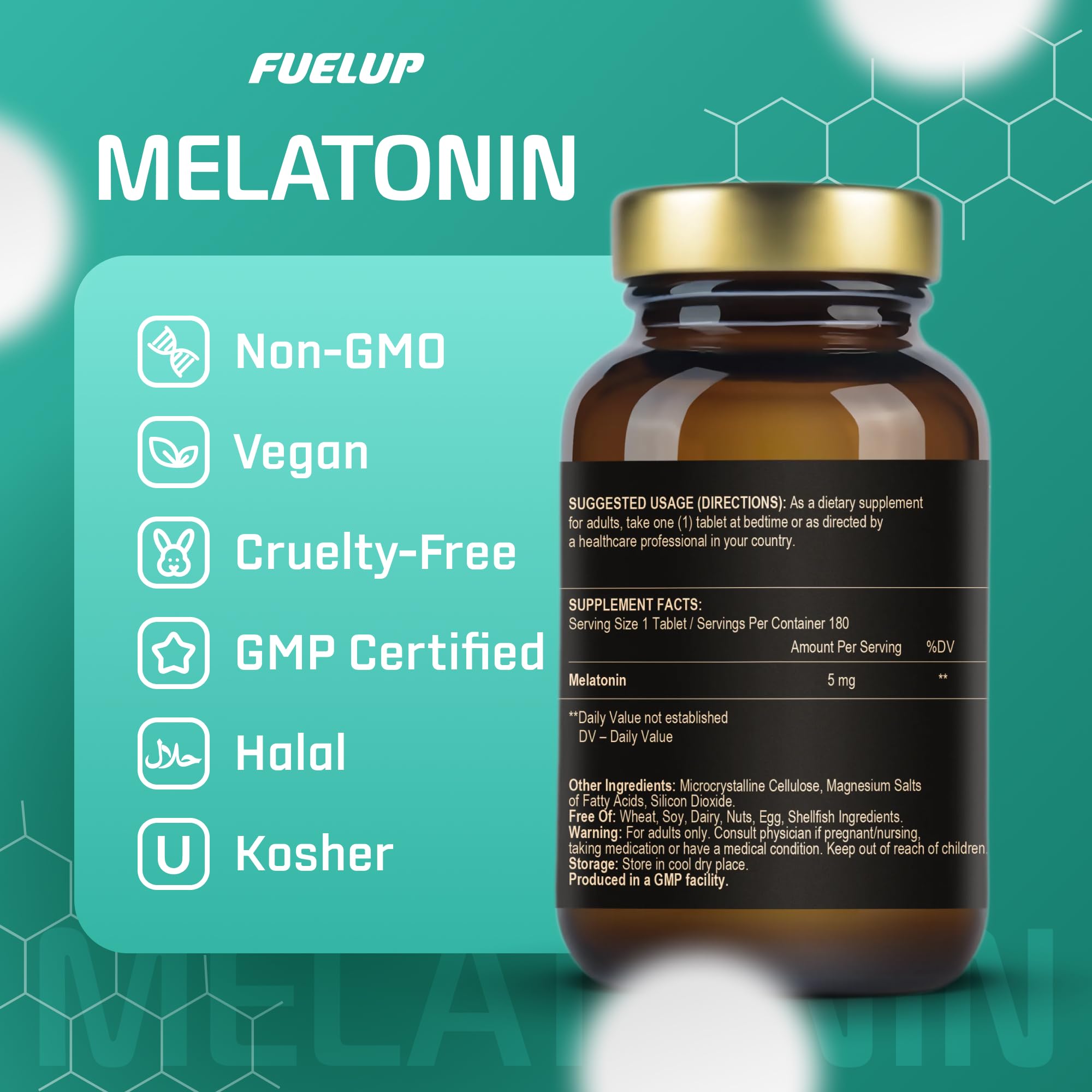 Fuelup Melatonin 5 mg tablets on a wooden surface
