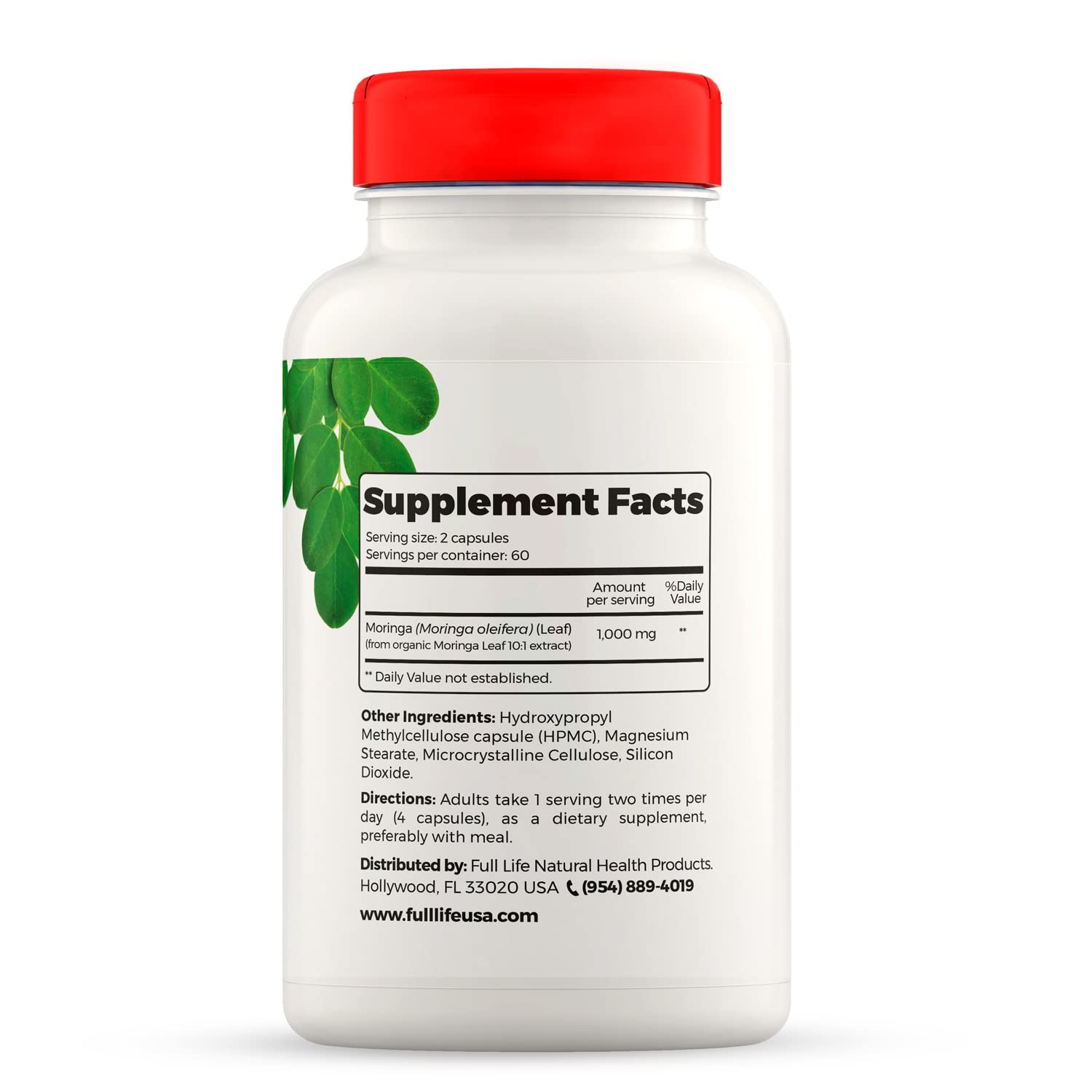 Full Life Moringa Oleifera Capsules displayed with natural ingredients