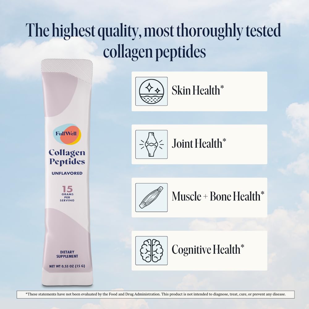 FullWell Unflavored Collagen Peptides Powder Stick Packs mixed in a beverage