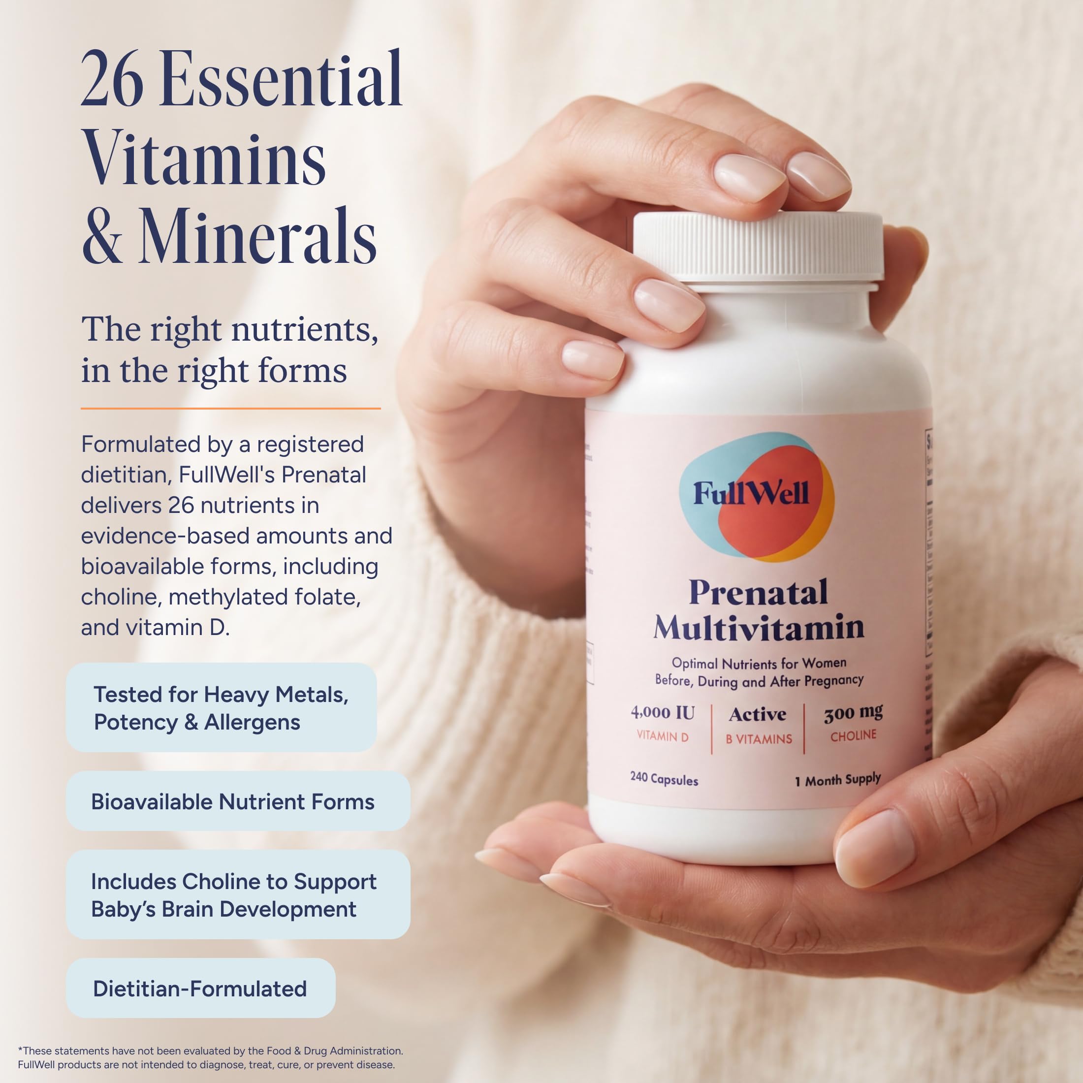 FullWell Women's Prenatal Multivitamin capsules close-up