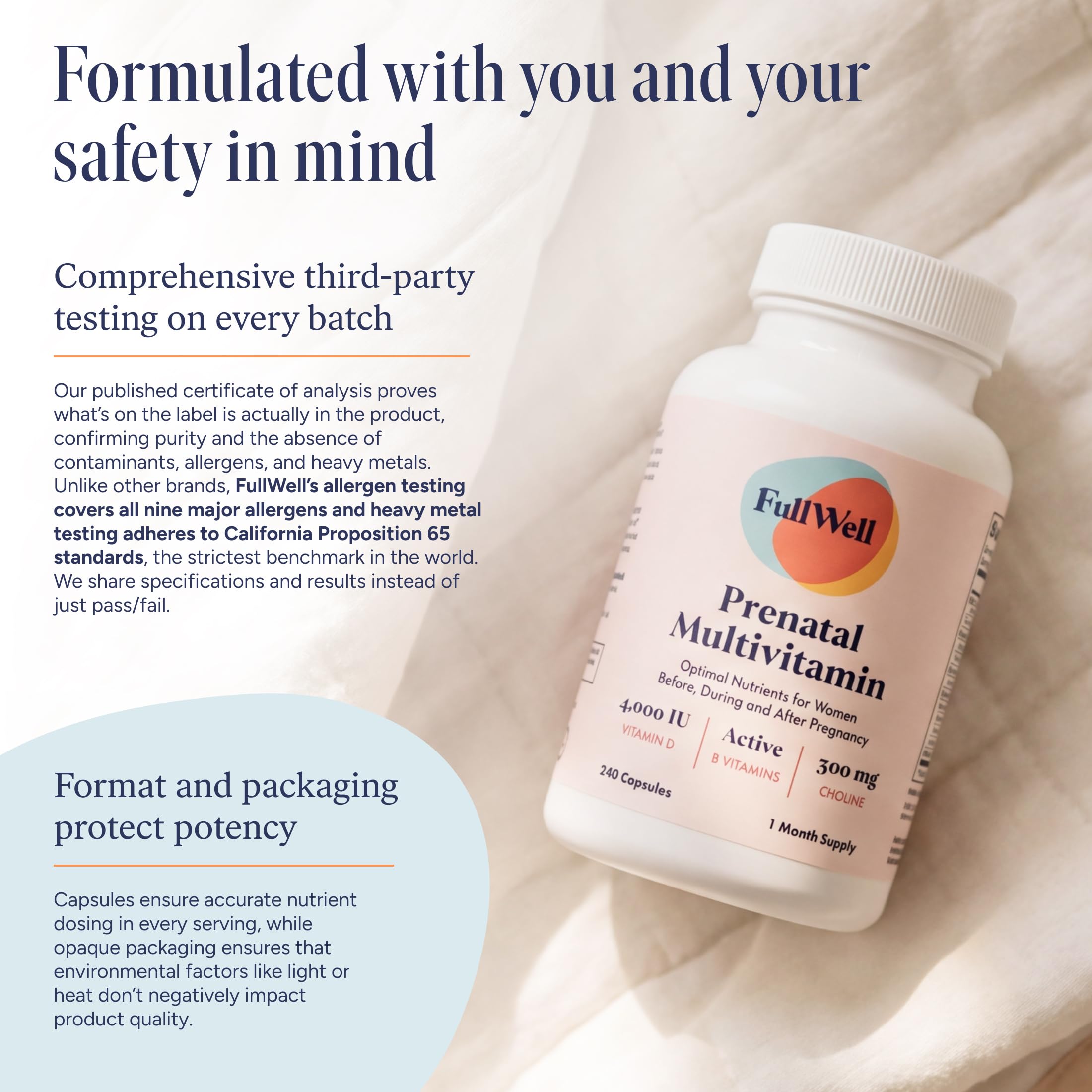 FullWell Women's Prenatal Multivitamin capsules on a table