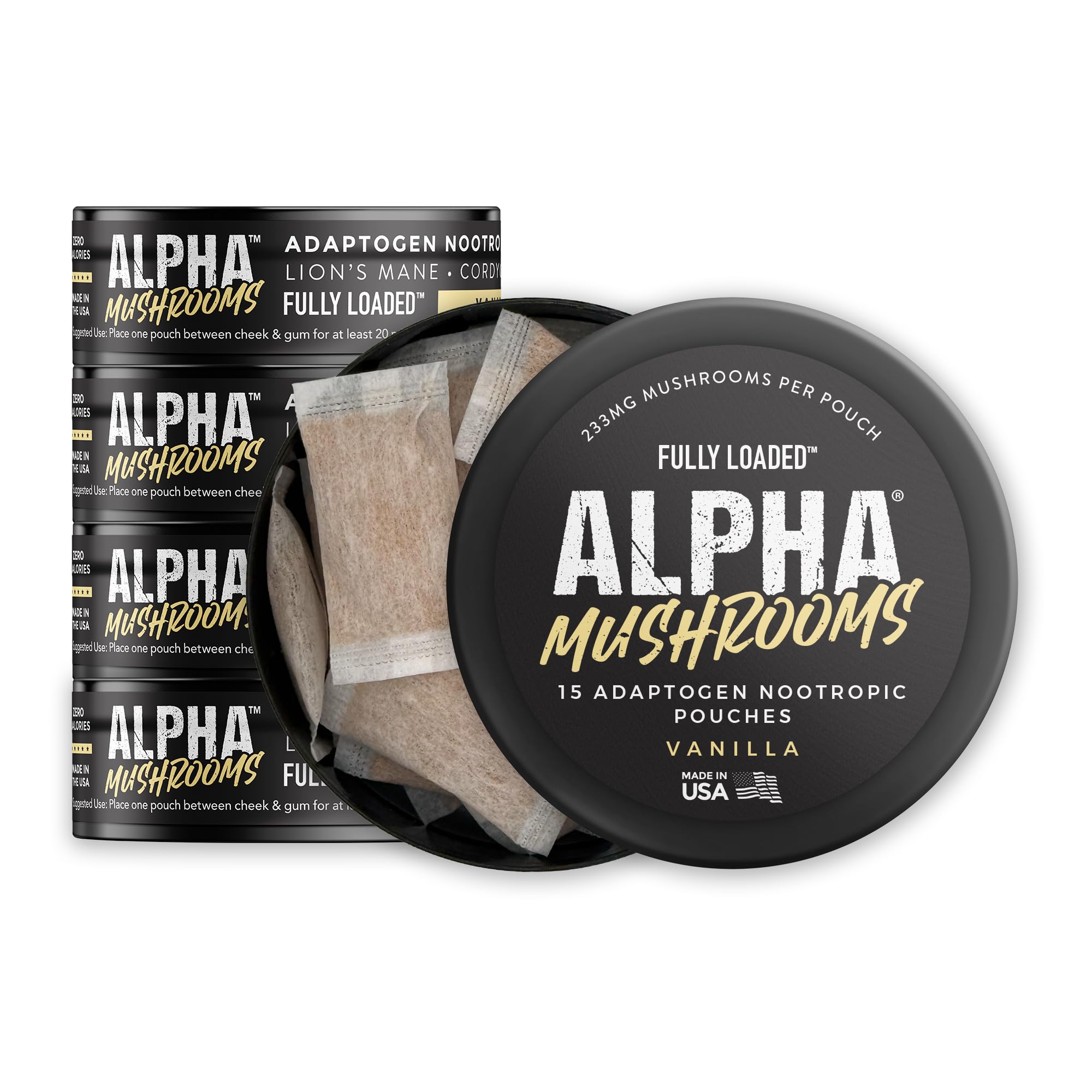 Fully Loaded Bullseye Adaptogen Nootropic Pouches front view, 5 pack