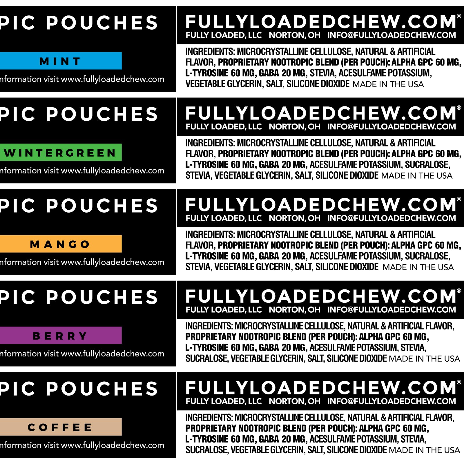Fully Loaded Bullseye Alpha Nootropic Pouches with open pouch