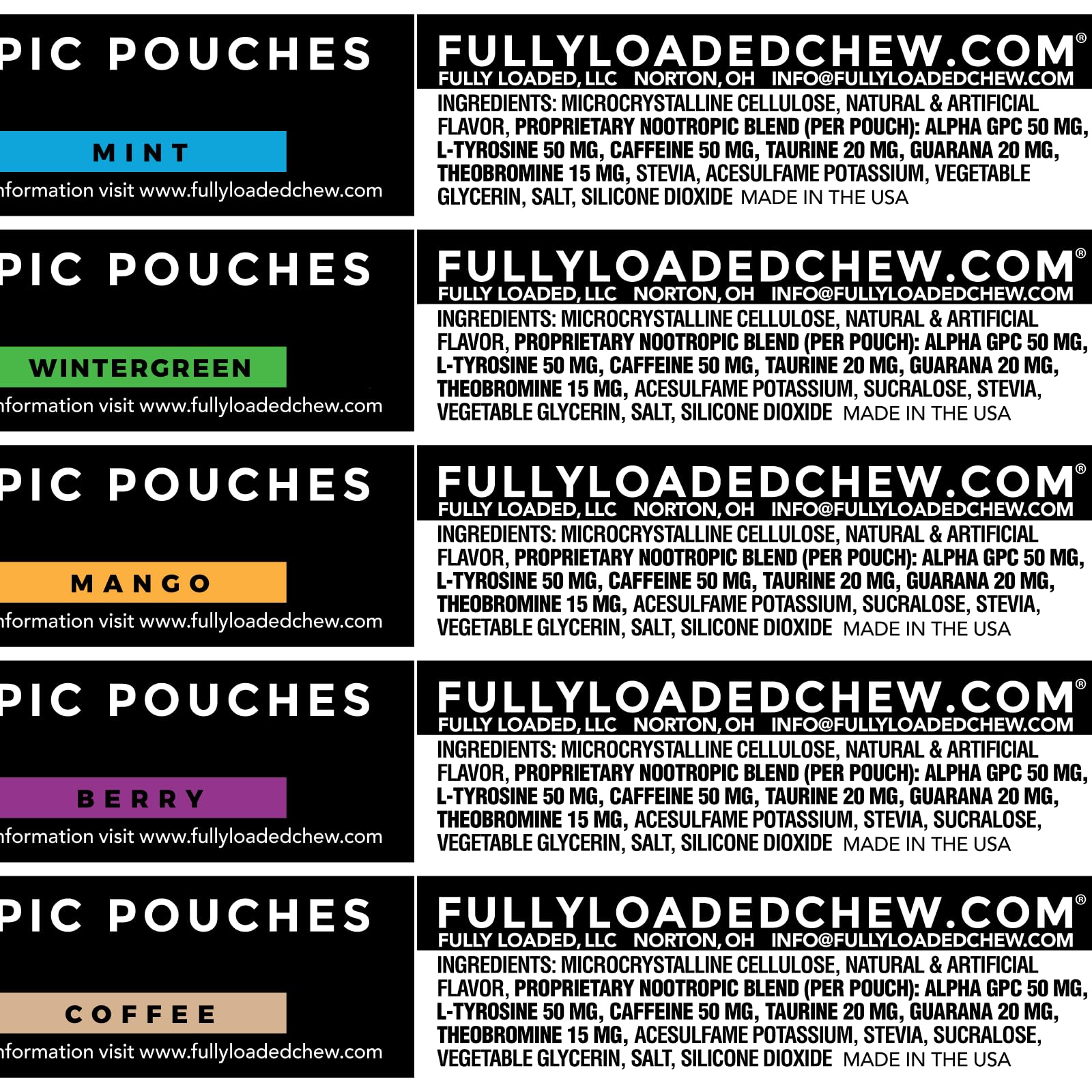 Fully Loaded Bullseye Nootropic Pouches opened can with pouches displayed