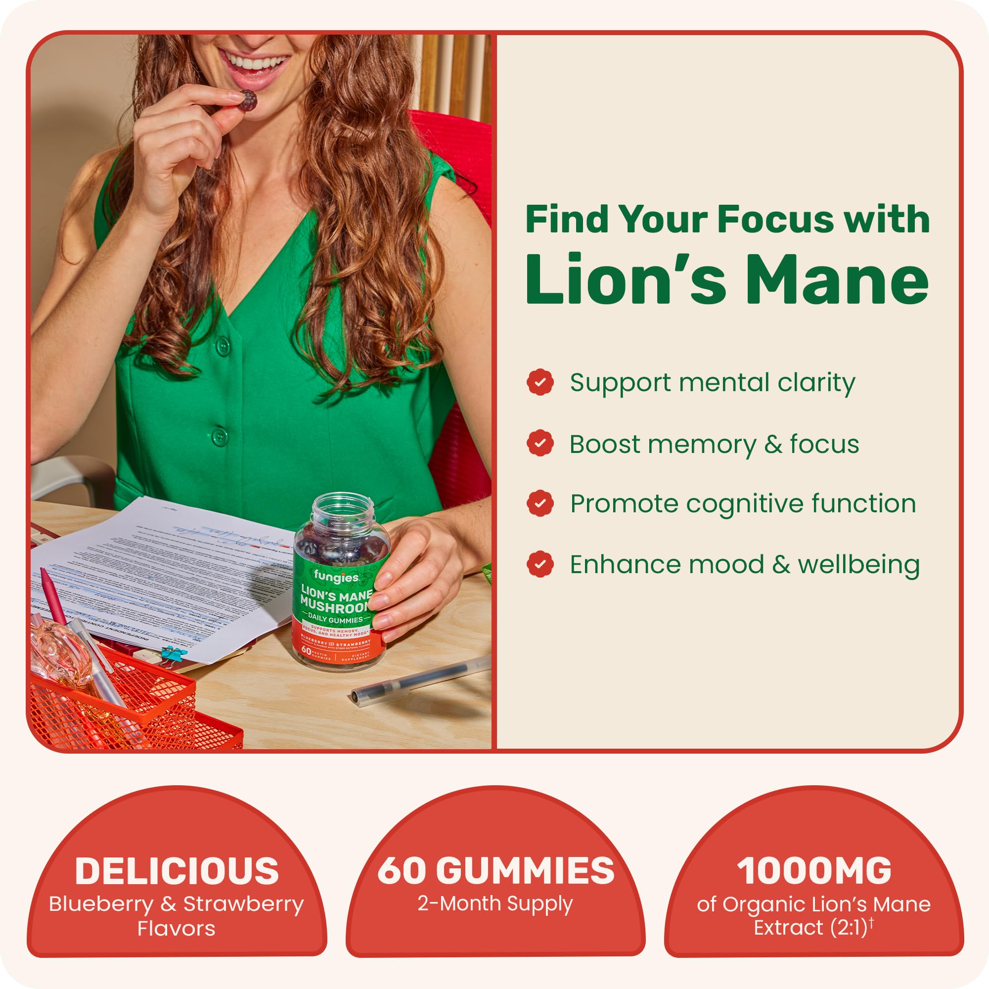 Fungies Lion’s Mane Mushroom Gummies strawberry and blueberry flavour