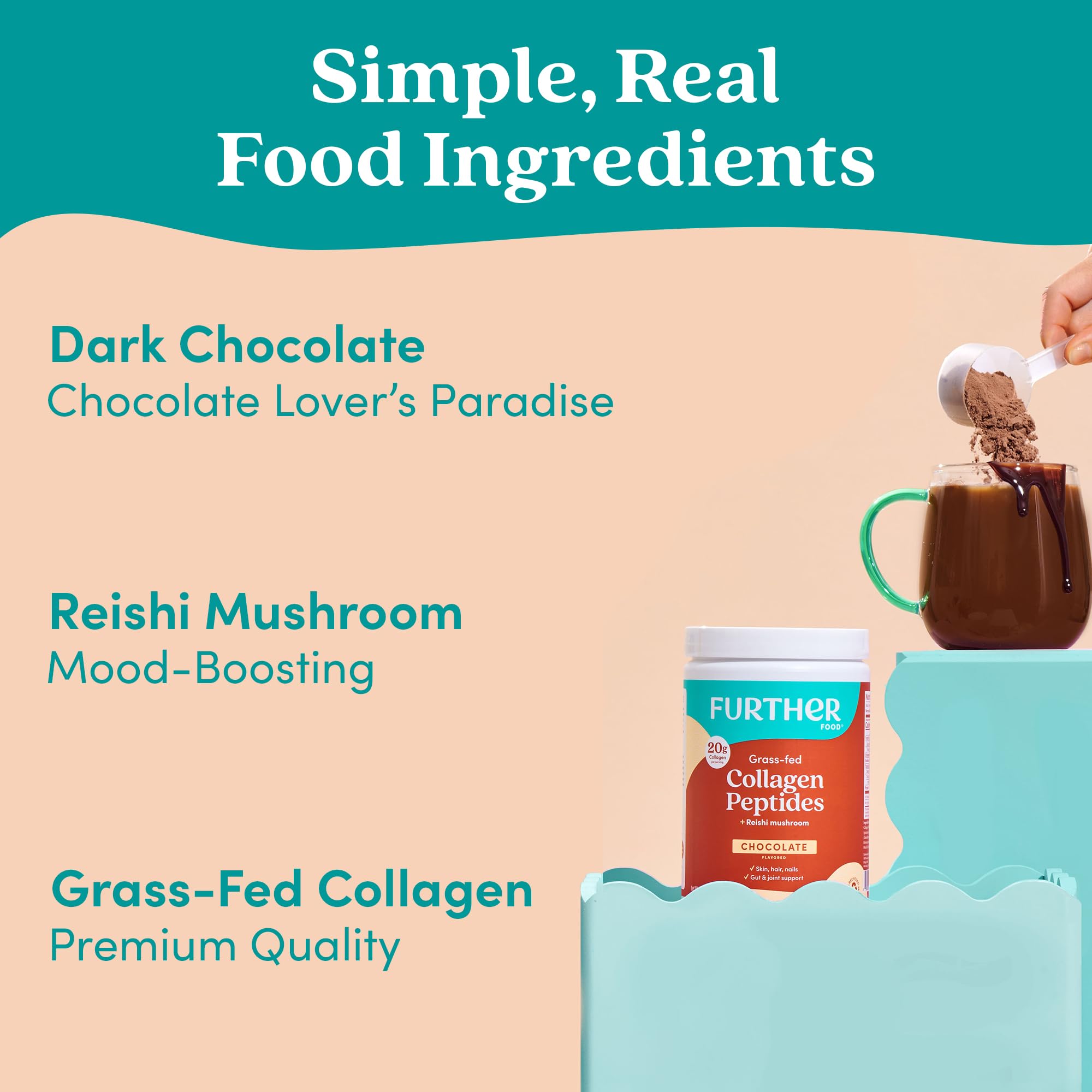 Further Food Chocolate Collagen Powder with dark chocolate pieces