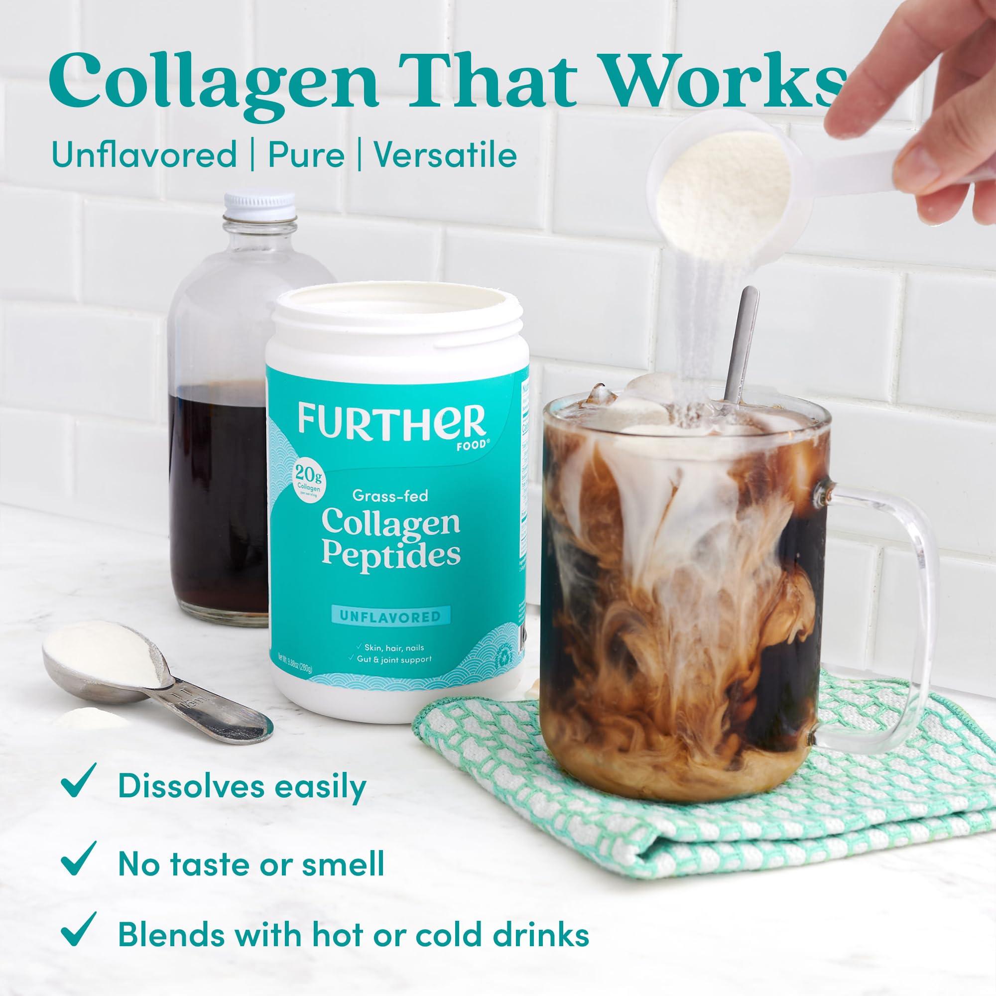 Further Food Collagen Peptides Powder displayed with kitchen utensils