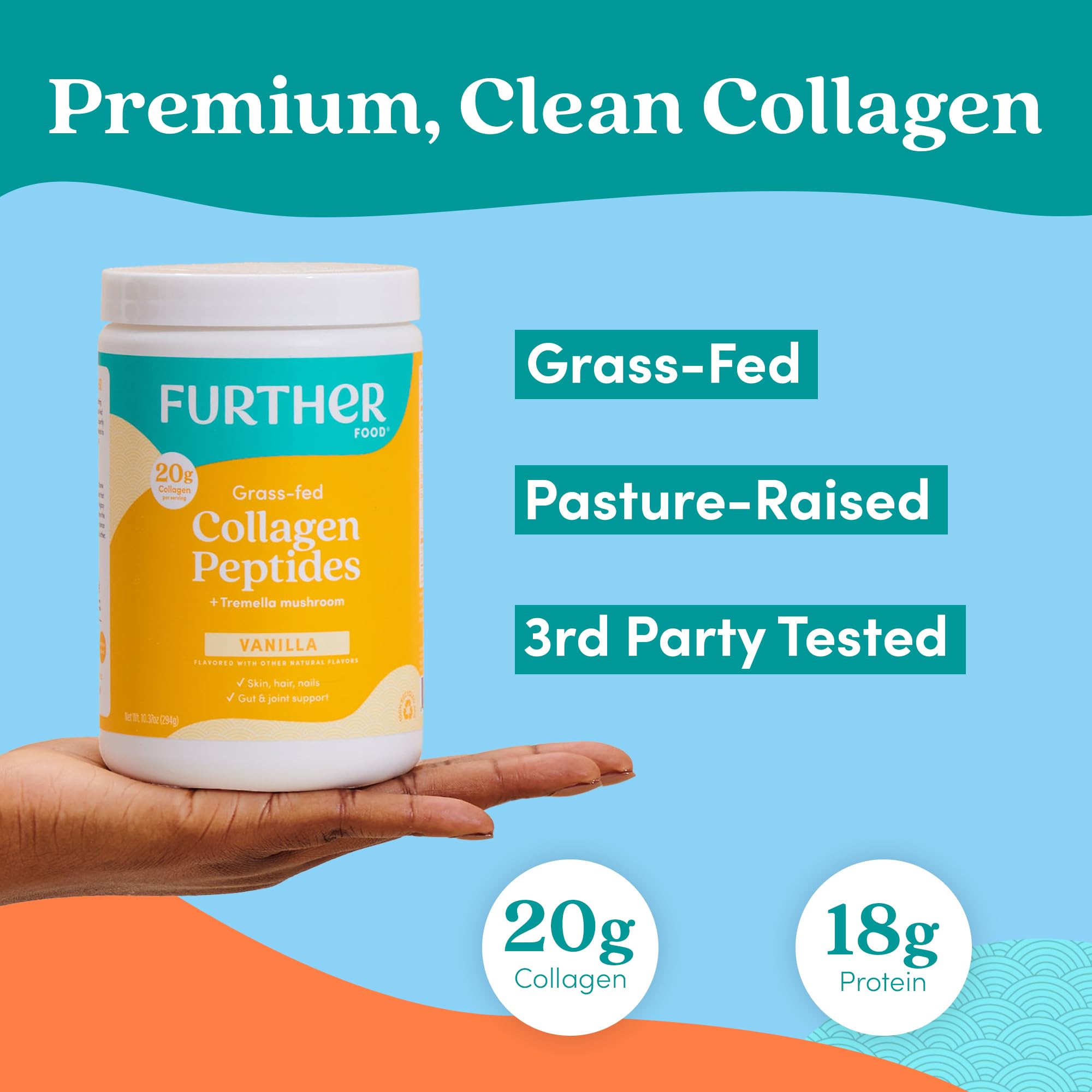 Further Food Collagen Peptides Powder side view showing scoop