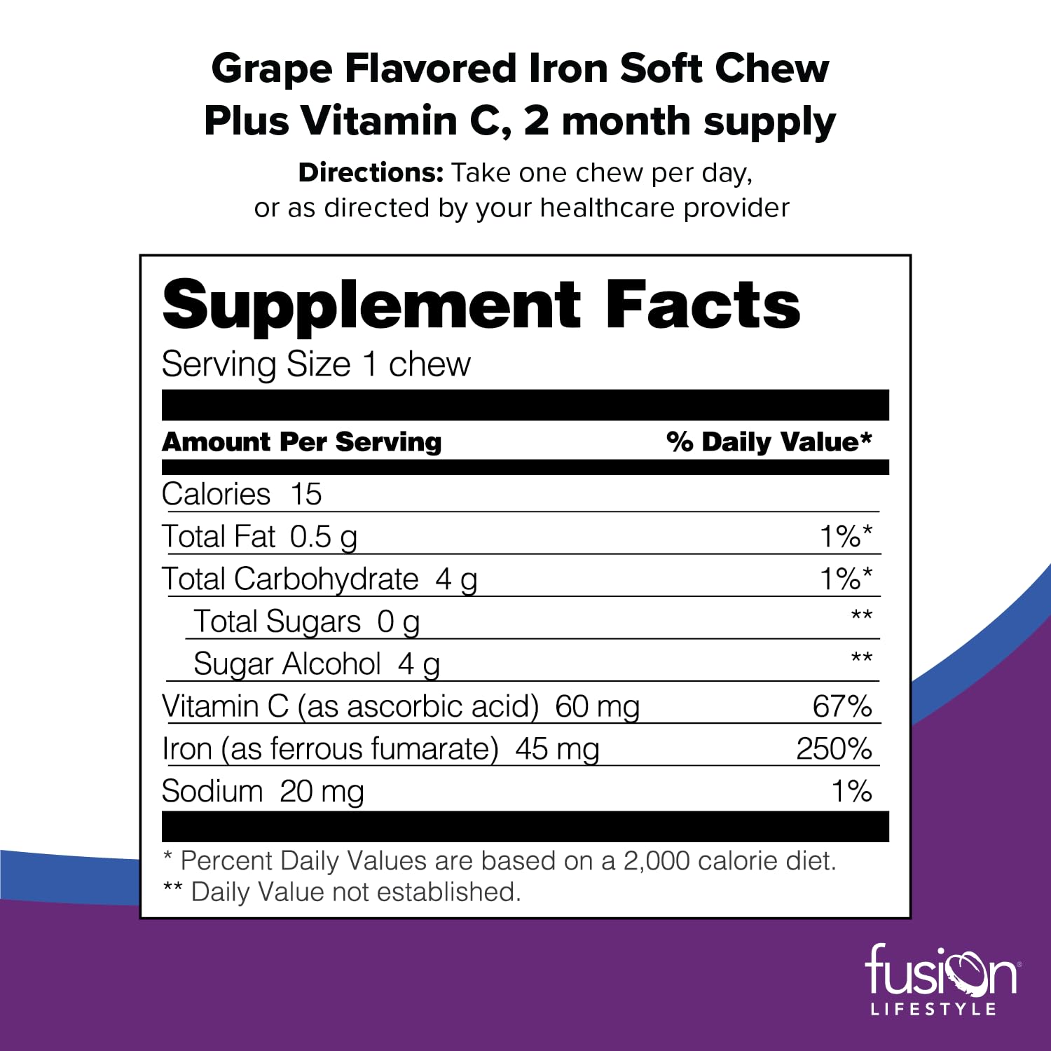 Fusion Lifestyle Iron Soft Chews packaging with nutritional information