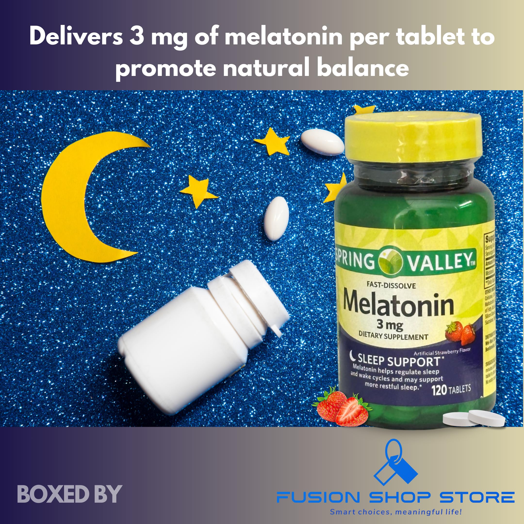FUSION SHOP STORE Melatonin Tablets 3mg back view with ingredient list