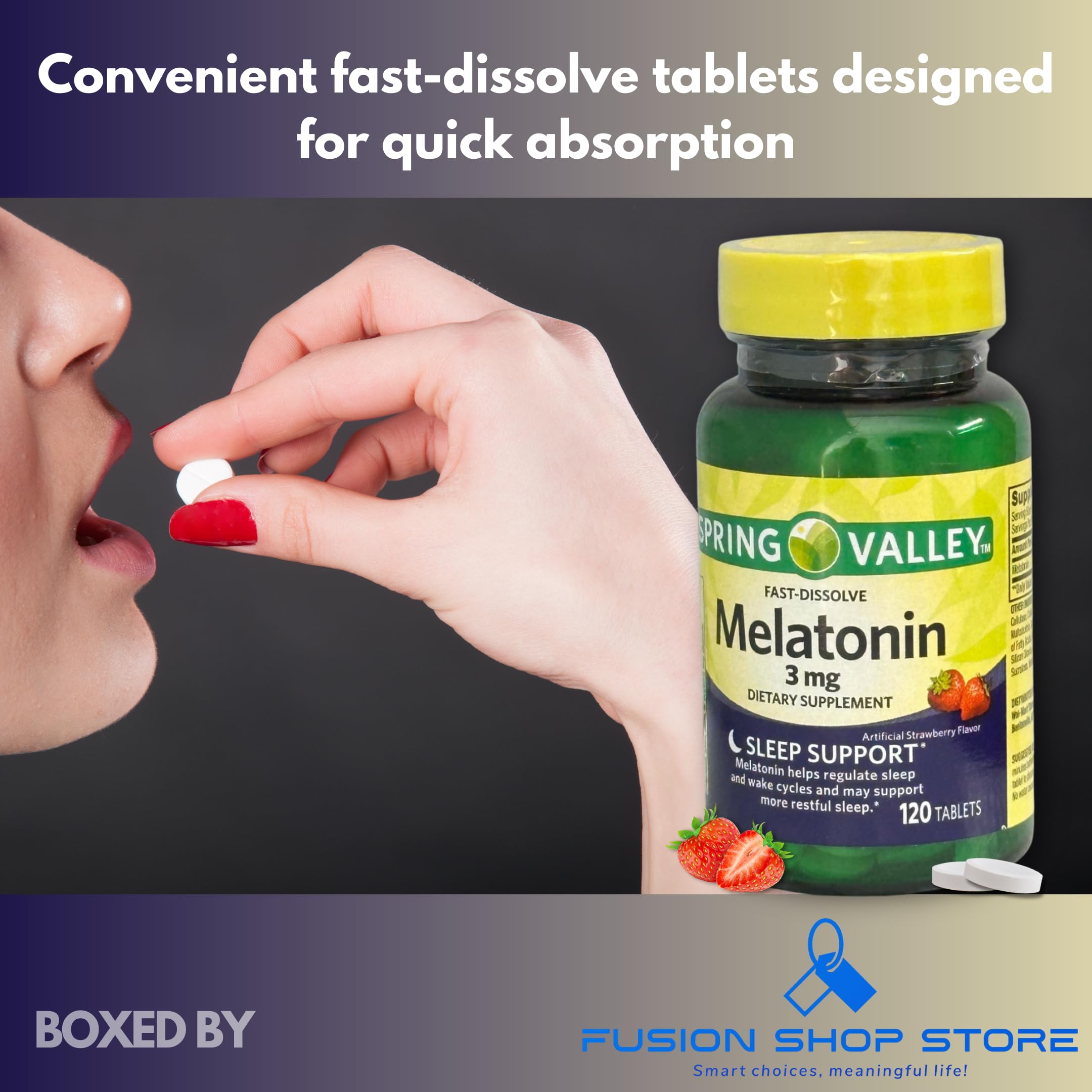 FUSION SHOP STORE Melatonin Tablets 3mg close-up of strawberry flavour tablet