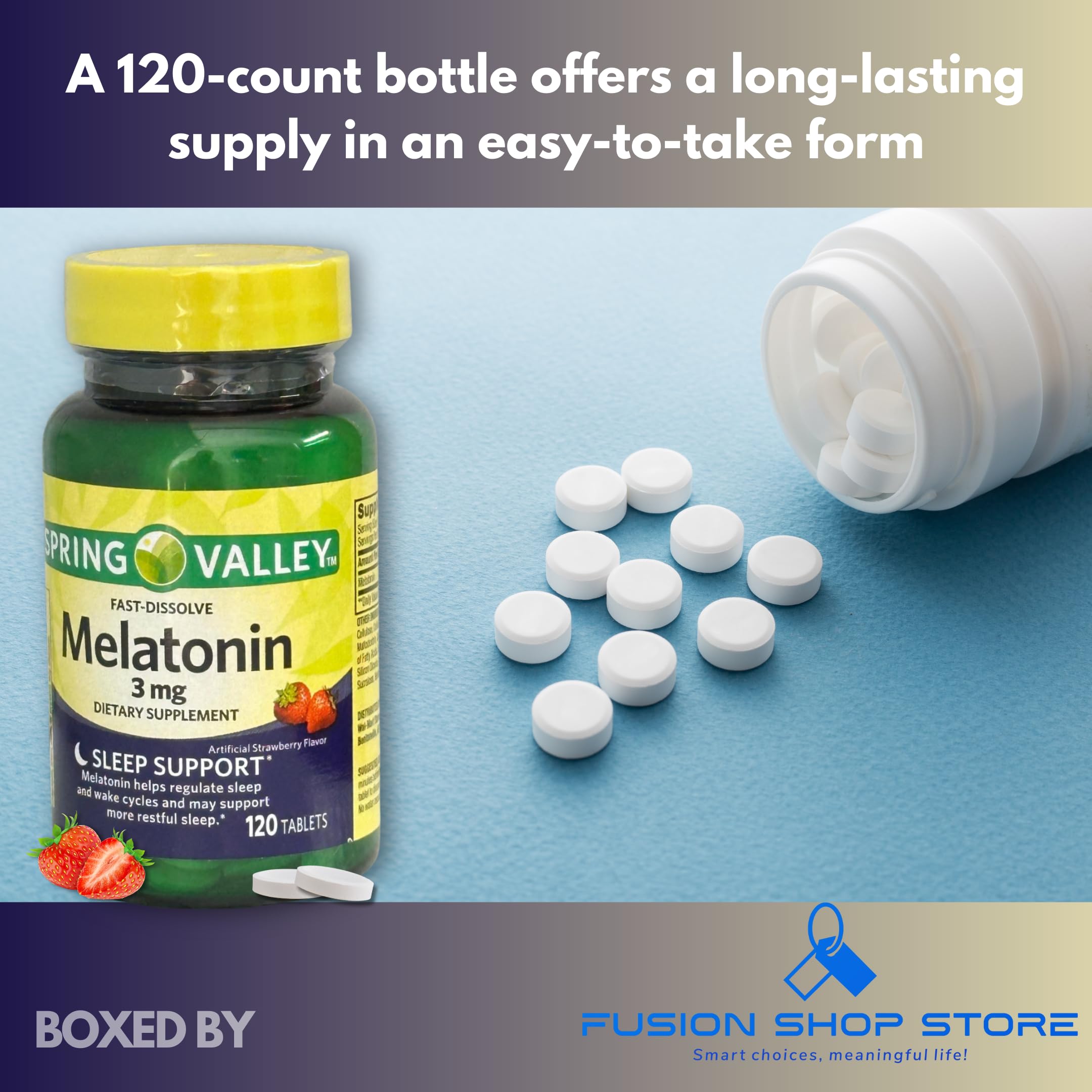 FUSION SHOP STORE Melatonin Tablets 3mg side view showing tablet count