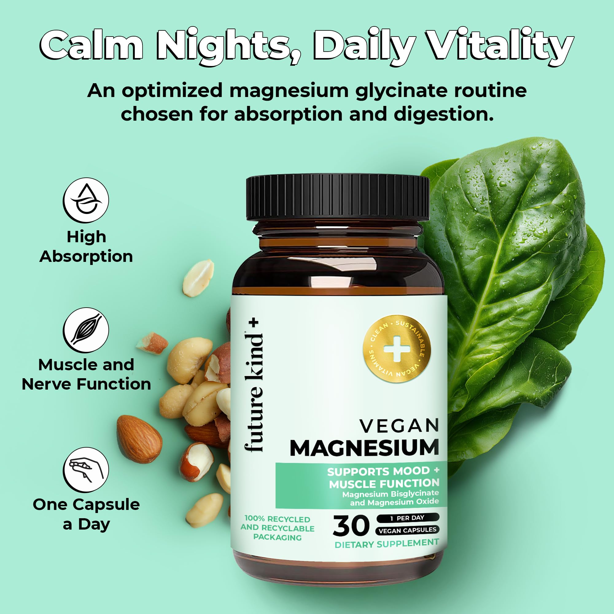 Future Kind Magnesium Glycinate 200mg supplement bottle side view
