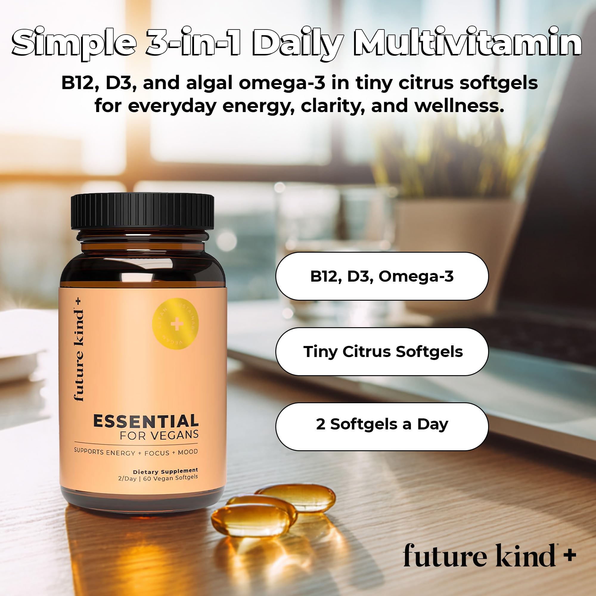 Future Kind Multivitamins glass bottle with softgels