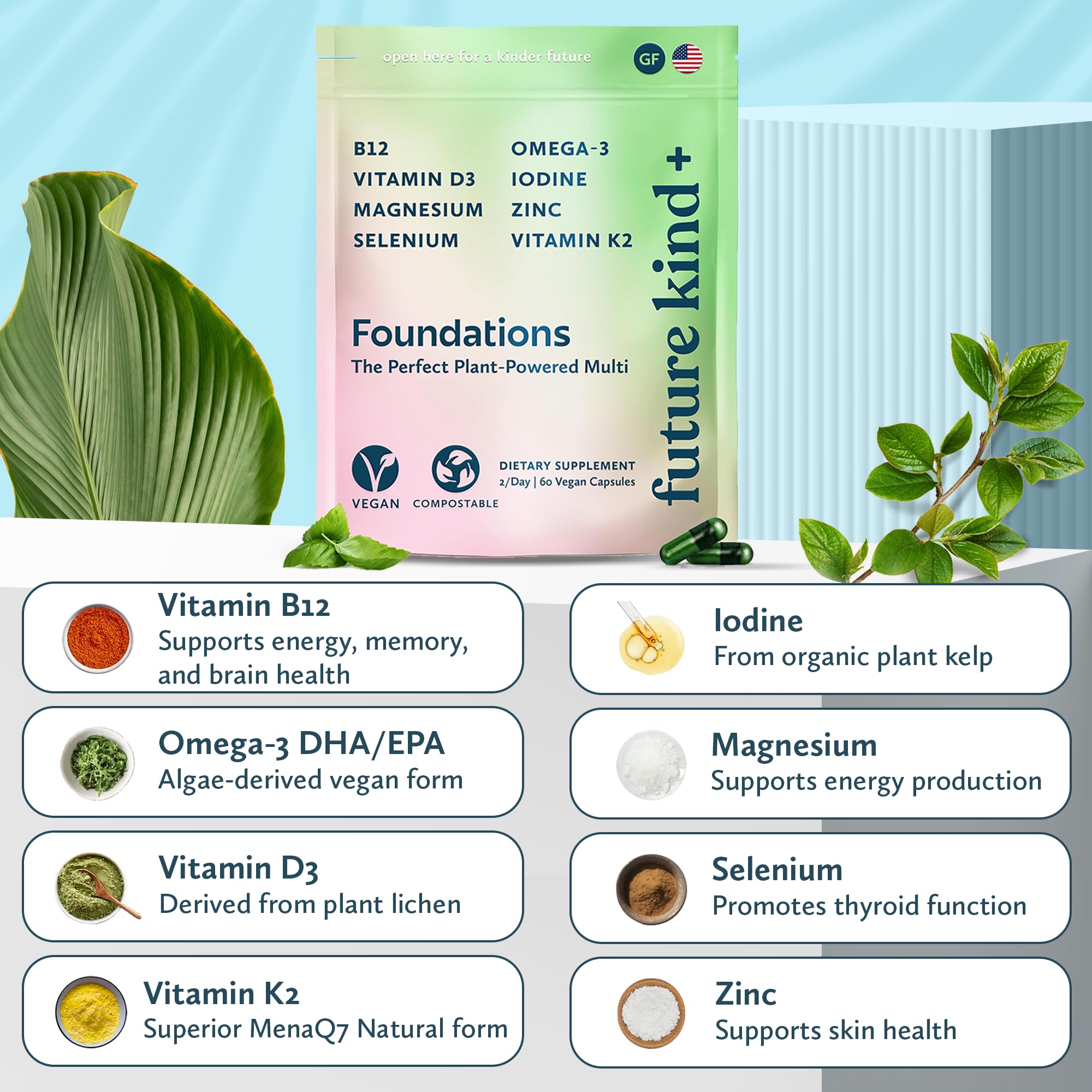 Future Kind Vegan Multivitamins displayed on a kitchen counter