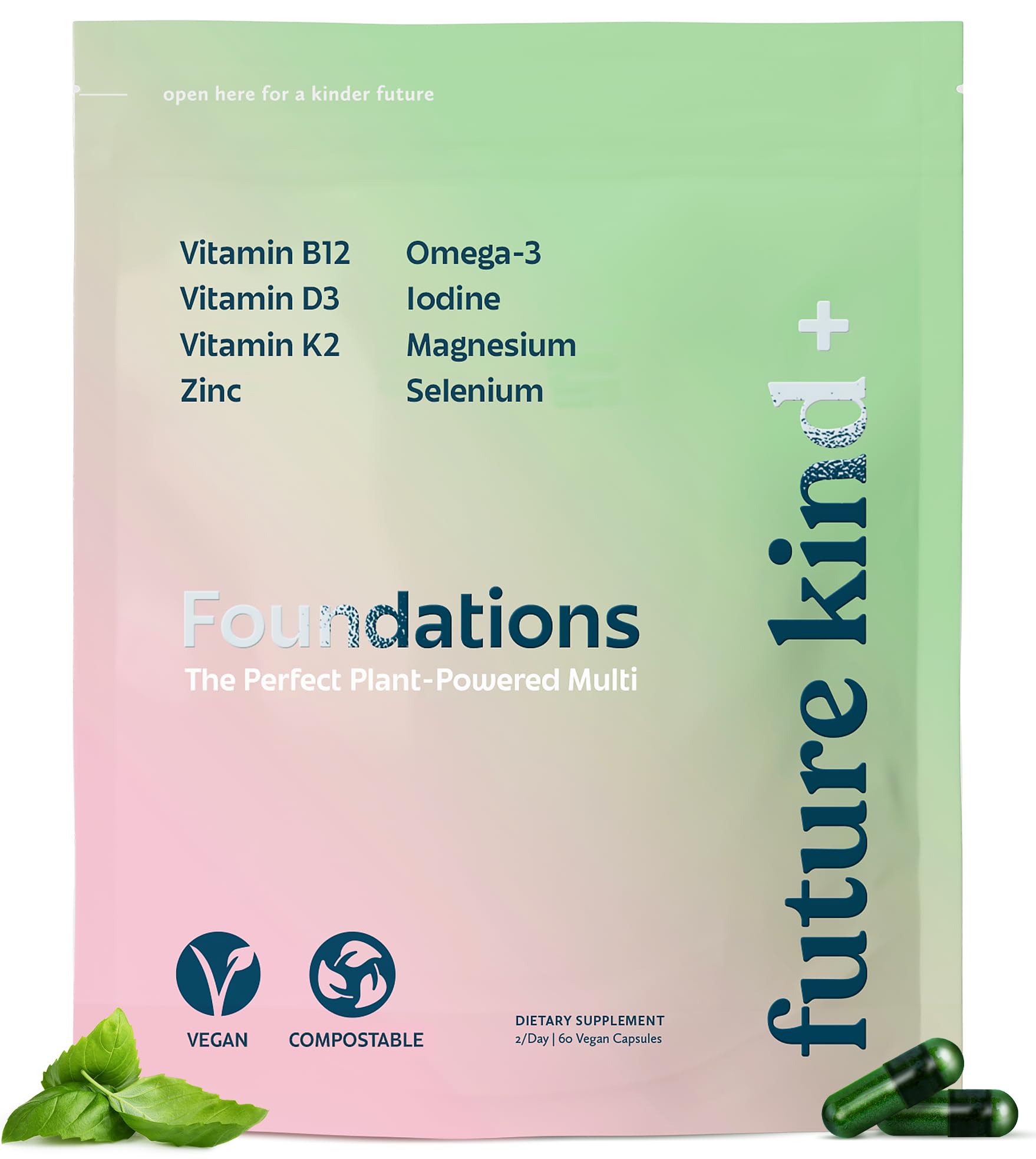 Future Kind Vegan Multivitamins front view with compostable pouch