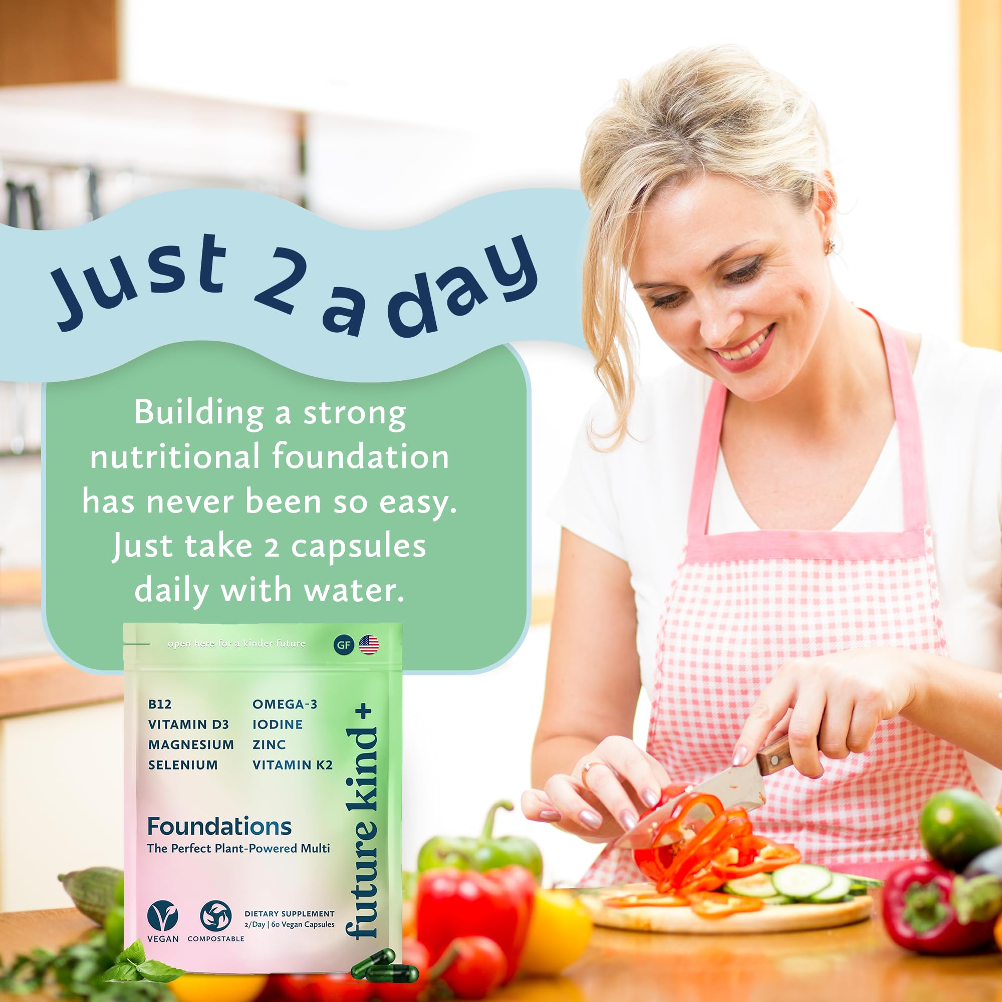 Future Kind Vegan Multivitamins with a measuring spoon for dosage