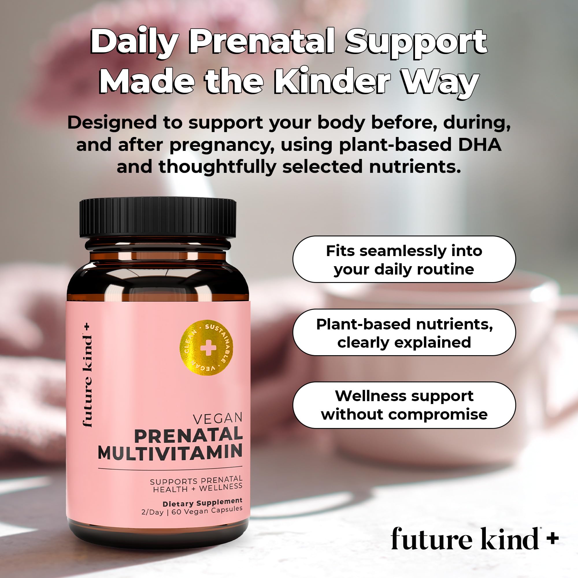 Future Kind Vegan Prenatal Vitamins 60ct capsules close-up