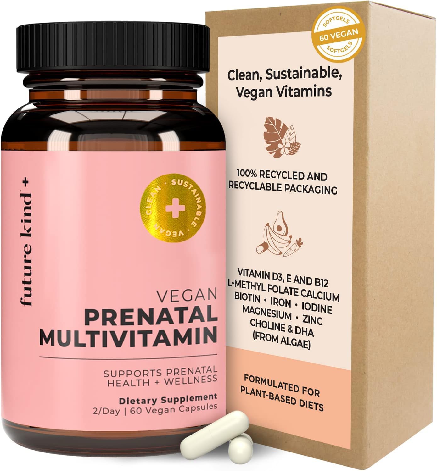 Future Kind Vegan Prenatal Vitamins 60ct glass bottle front view