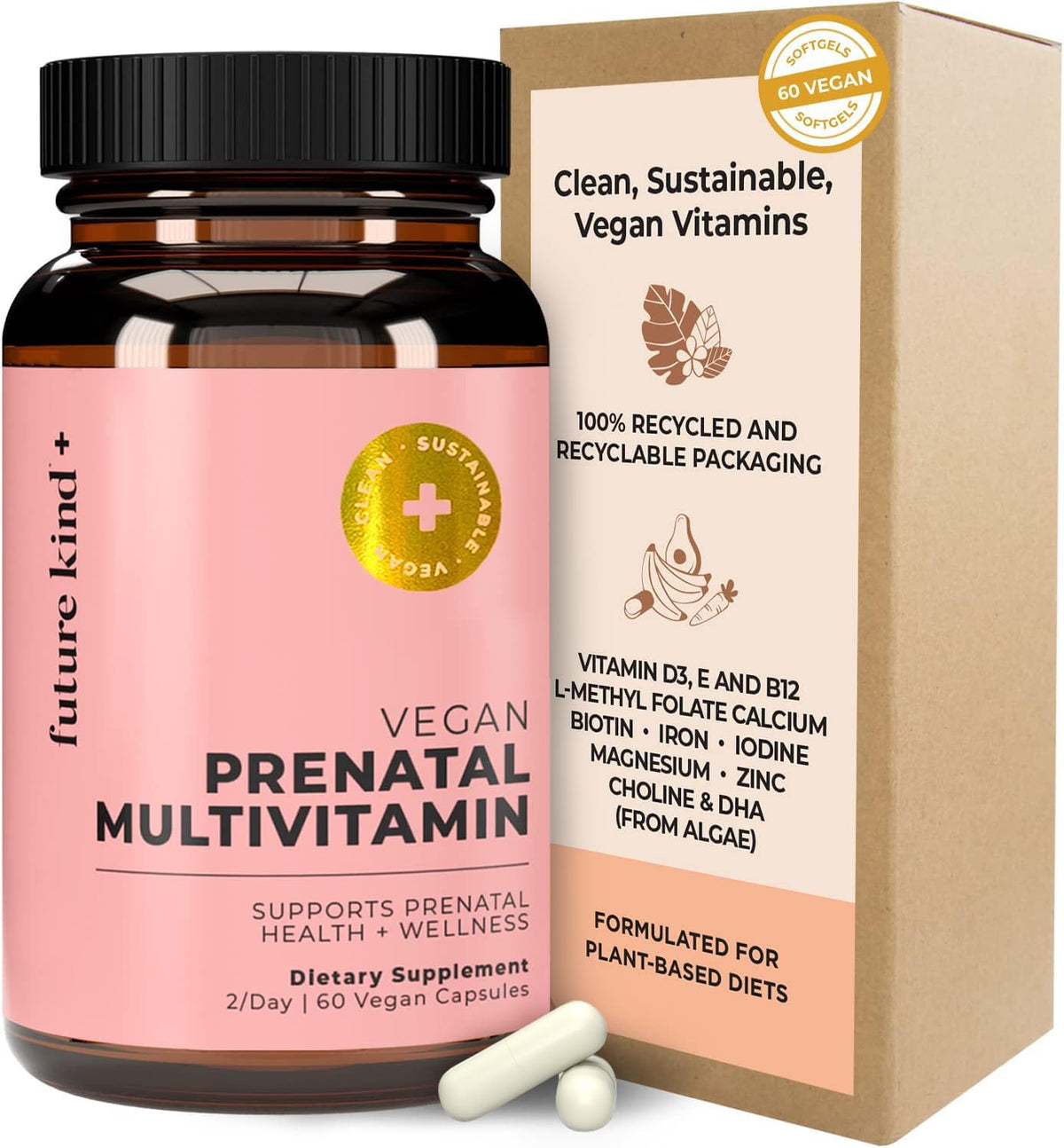 Future Kind Vegan Prenatal Vitamins 60ct glass bottle front view