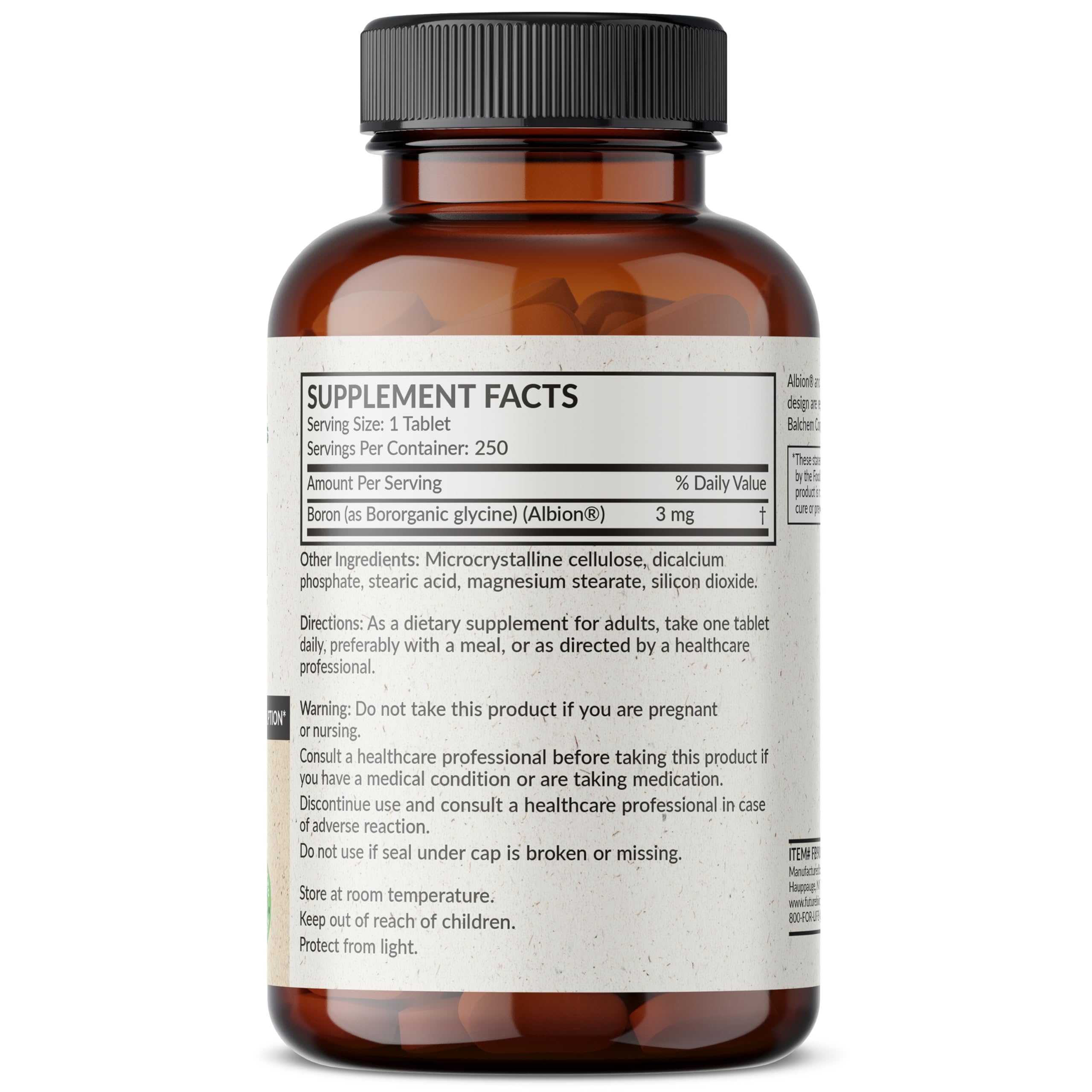 Futurebiotics Boron 3 MG supplement side view, showing label details