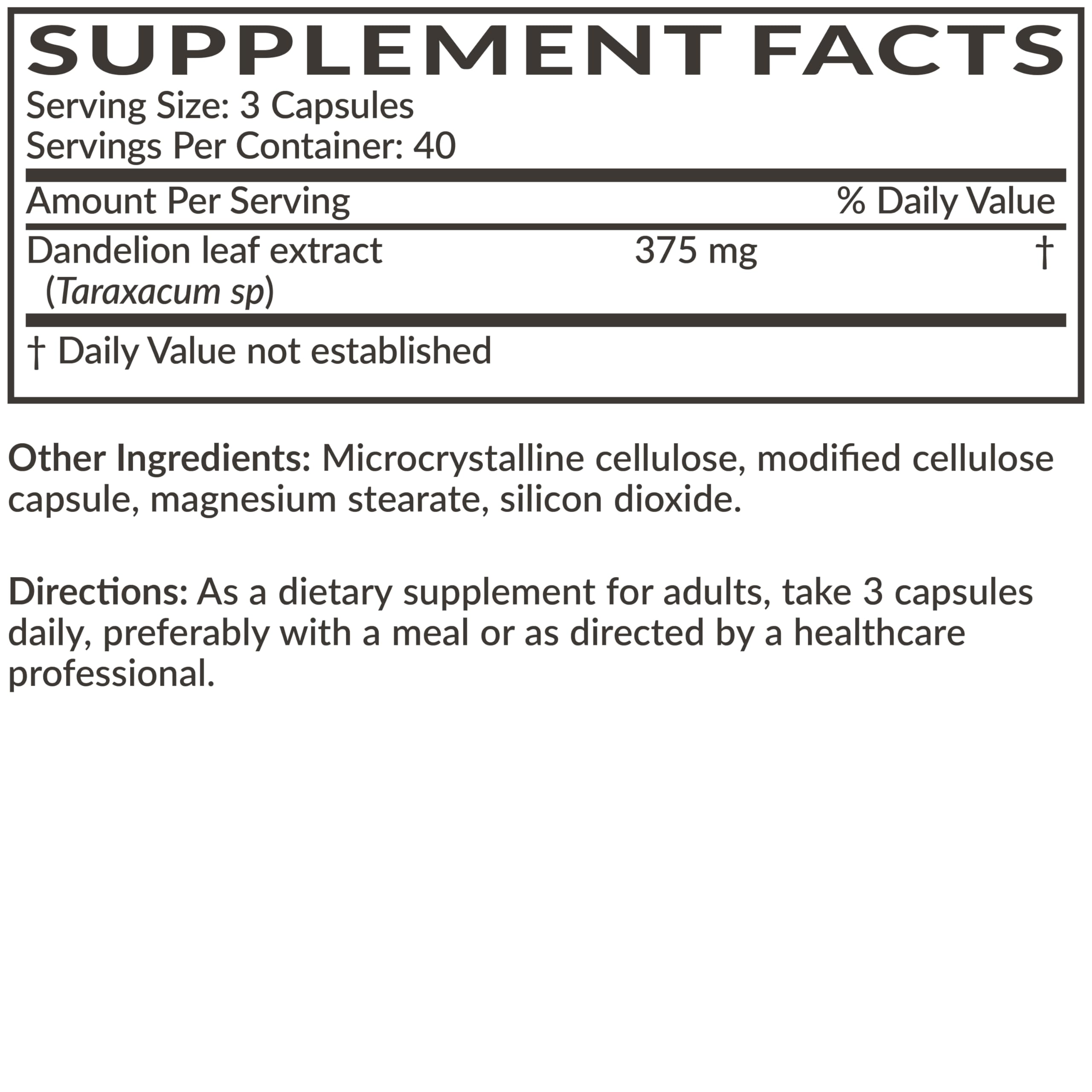 Futurebiotics Dandelion Root 1500 MG capsules with ingredients list