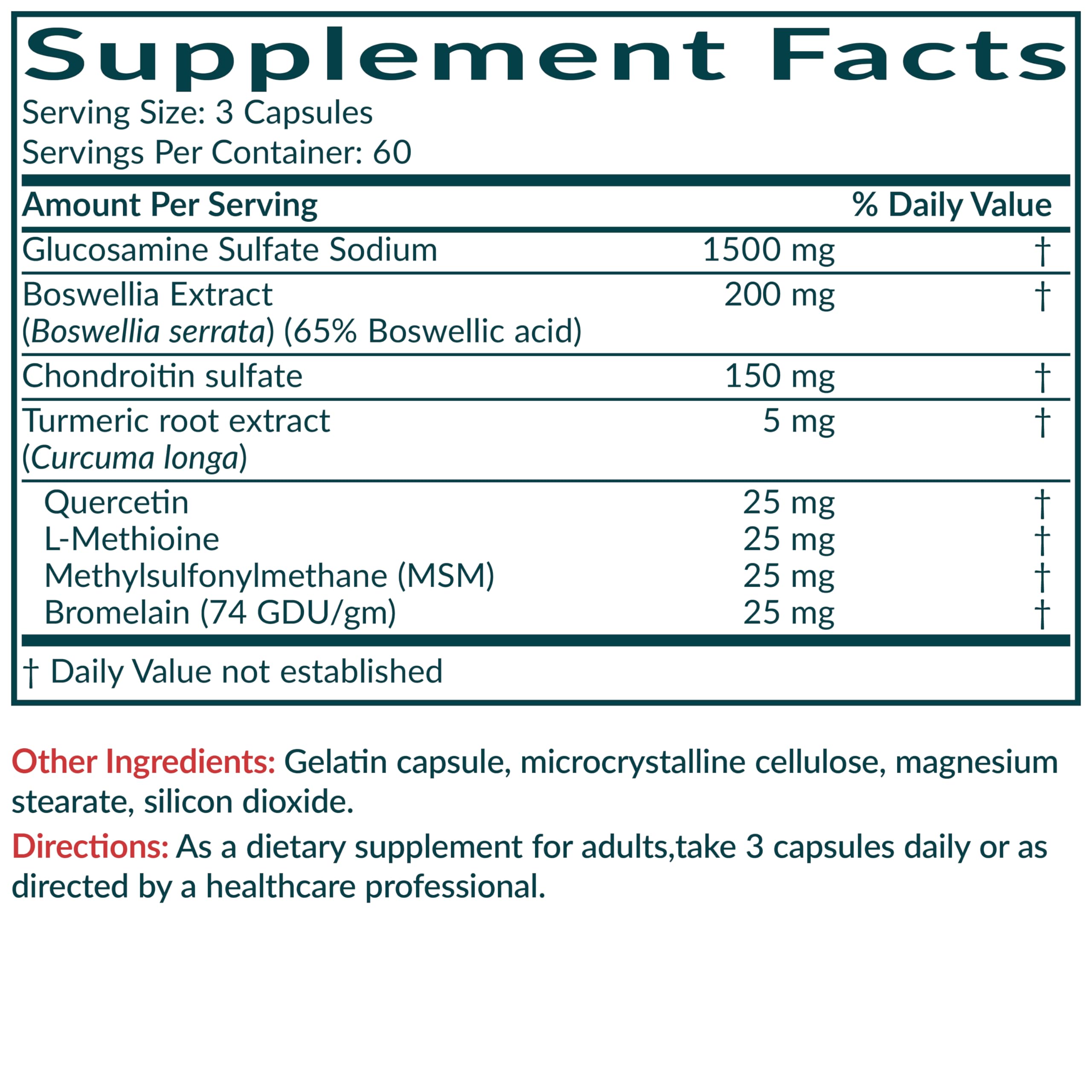 Futurebiotics Glucosamine Chondroitin Turmeric & MSM supplement with nutritional information
