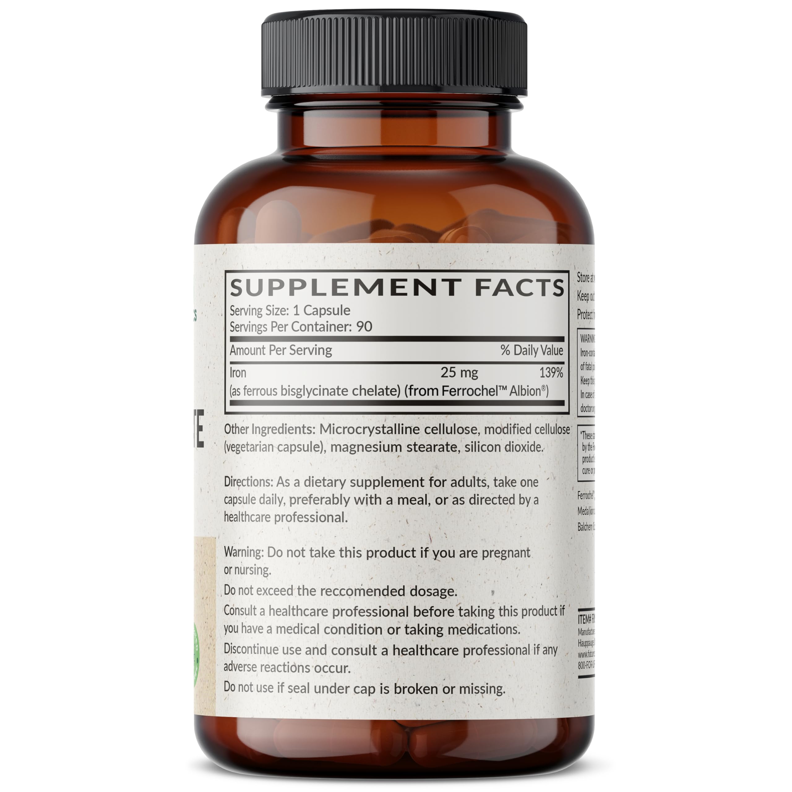 Futurebiotics Iron Bisglycinate Capsules 25mg side view