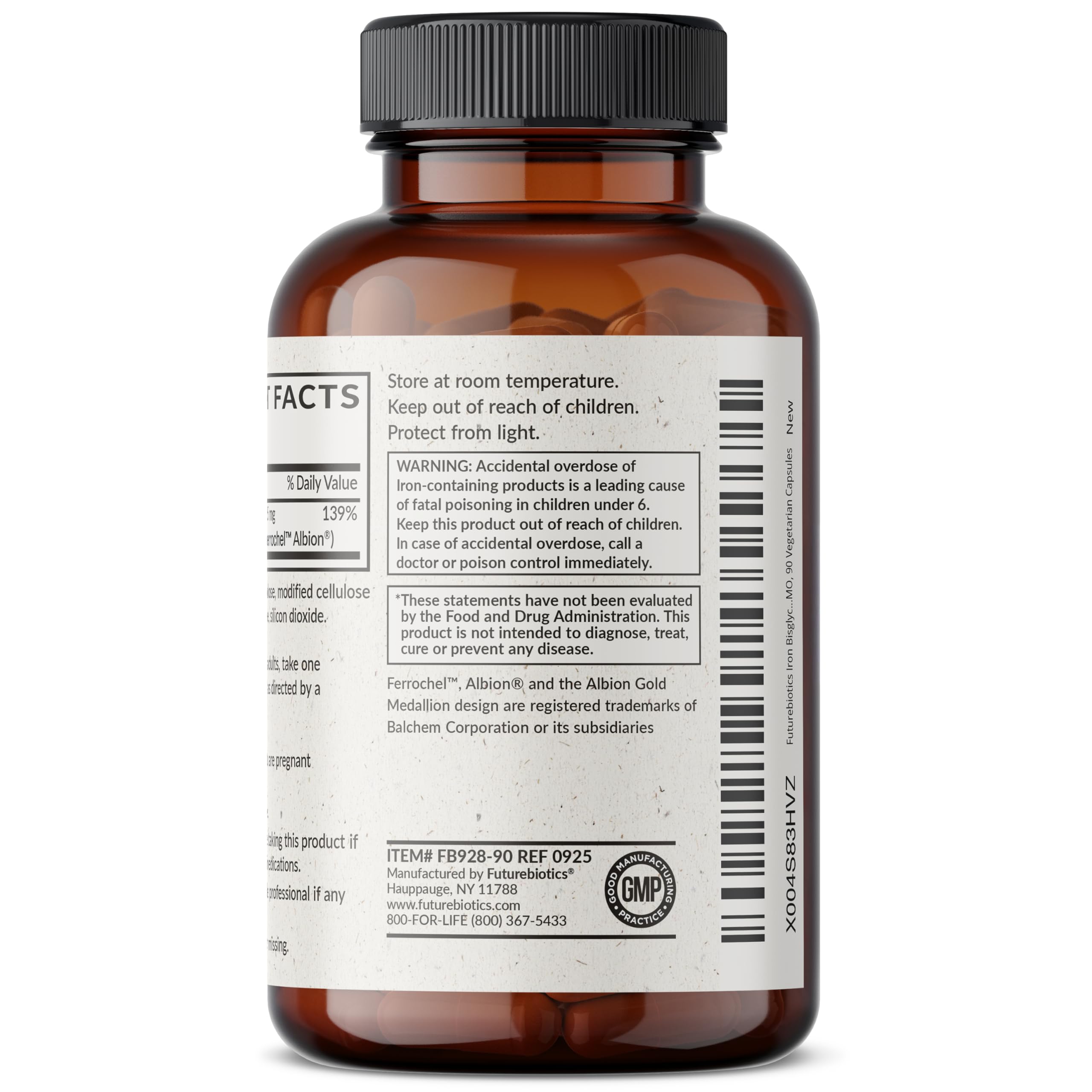 Futurebiotics Iron Bisglycinate Capsules 25mg with a measuring spoon