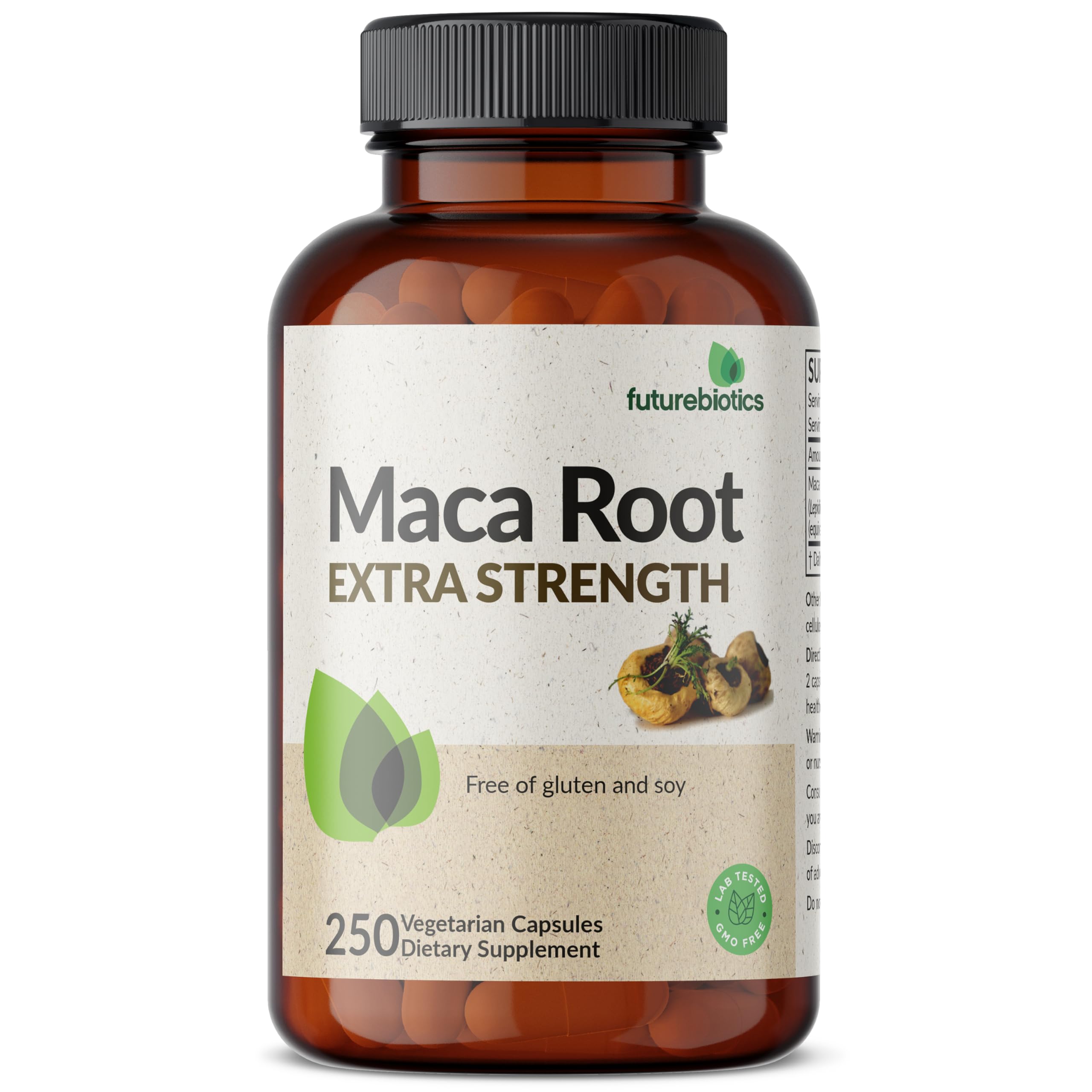 Futurebiotics Maca Root 4000MG vegan capsules on a wooden table