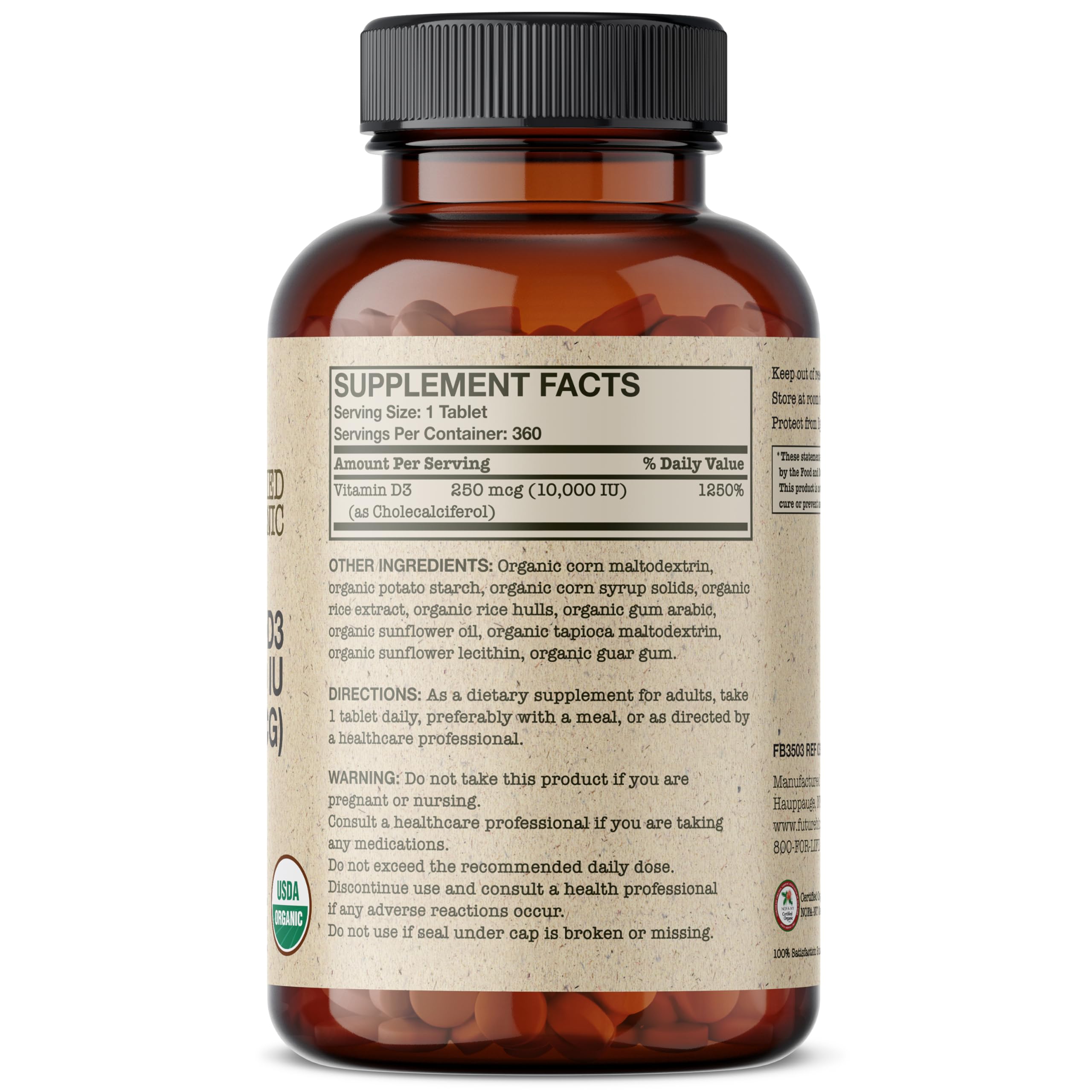 Futurebiotics Vitamin D3 10,000 IU Organic Tablets side view