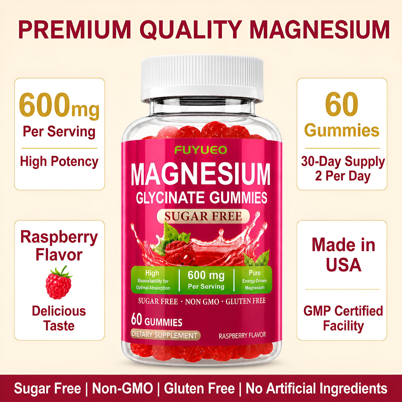 FUYUEO Magnesium Glycinate Gummies displayed with other supplements