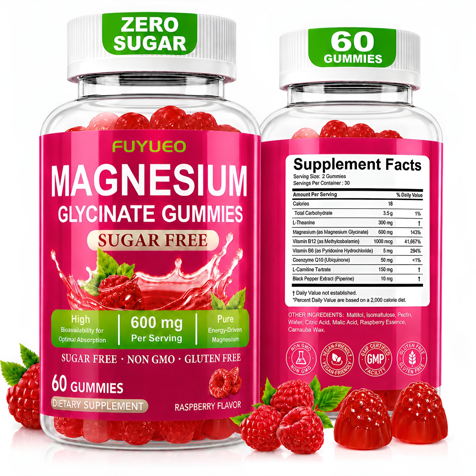 FUYUEO Magnesium Glycinate Gummies front view, raspberry flavour