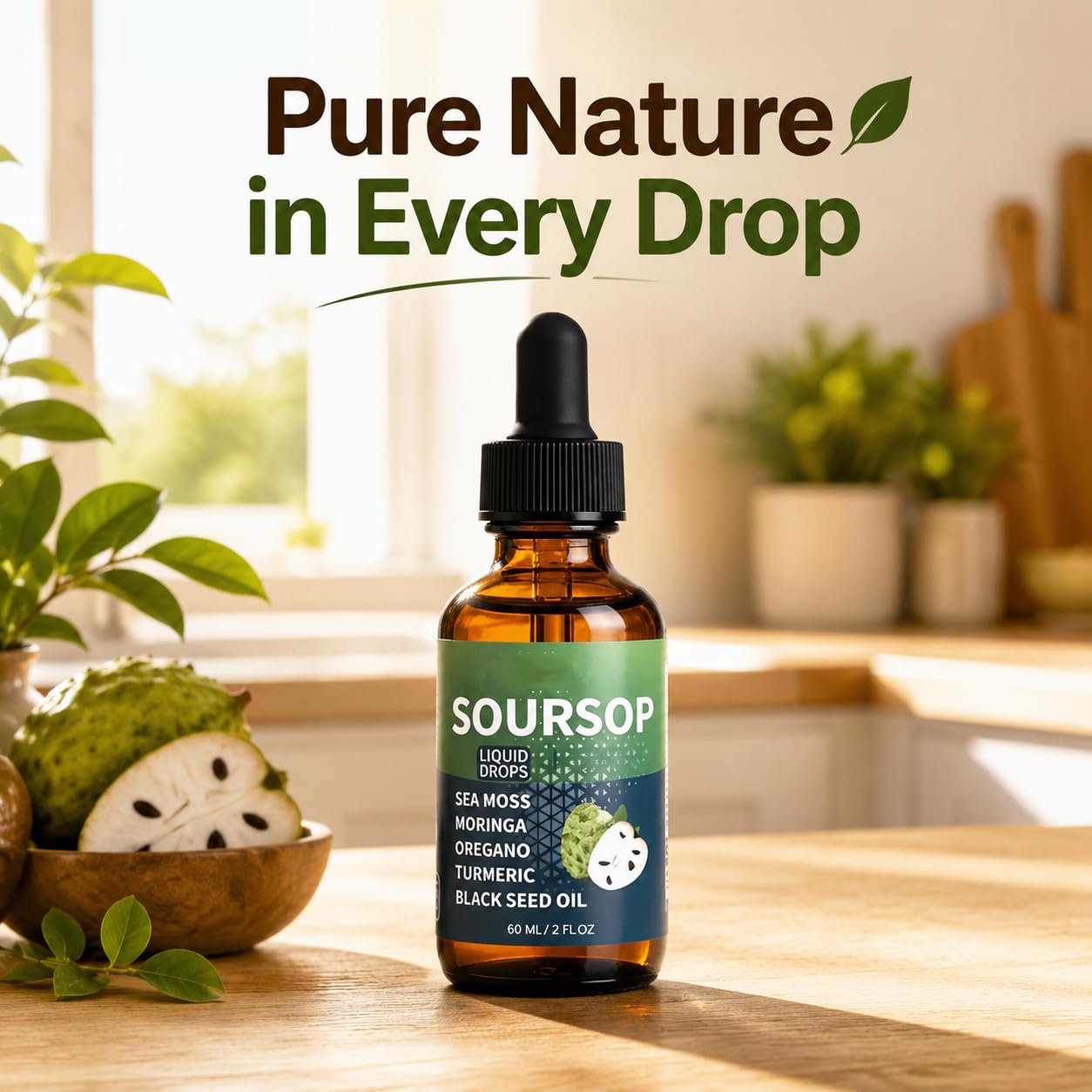 FW ZONE Soursop Liquid Drops lifestyle scene with smoothie