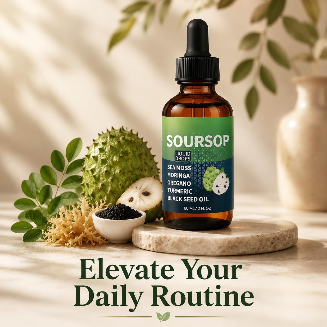 FW ZONE Soursop Liquid Drops on a kitchen counter