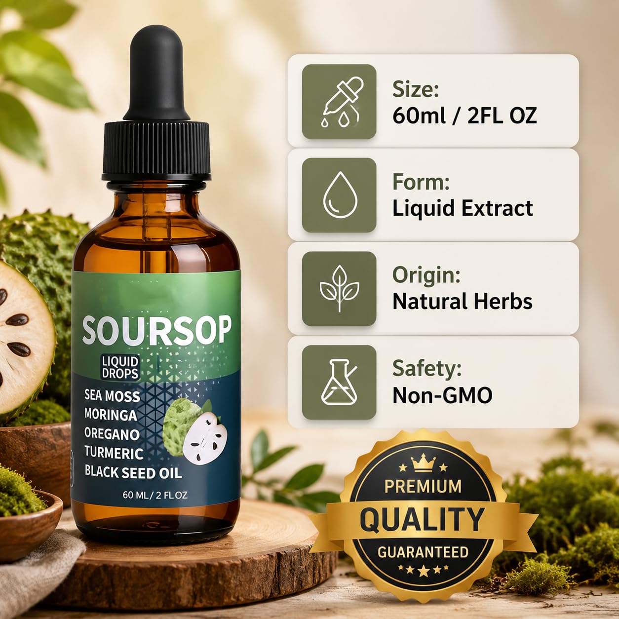 FW ZONE Soursop Liquid Drops with ingredients displayed