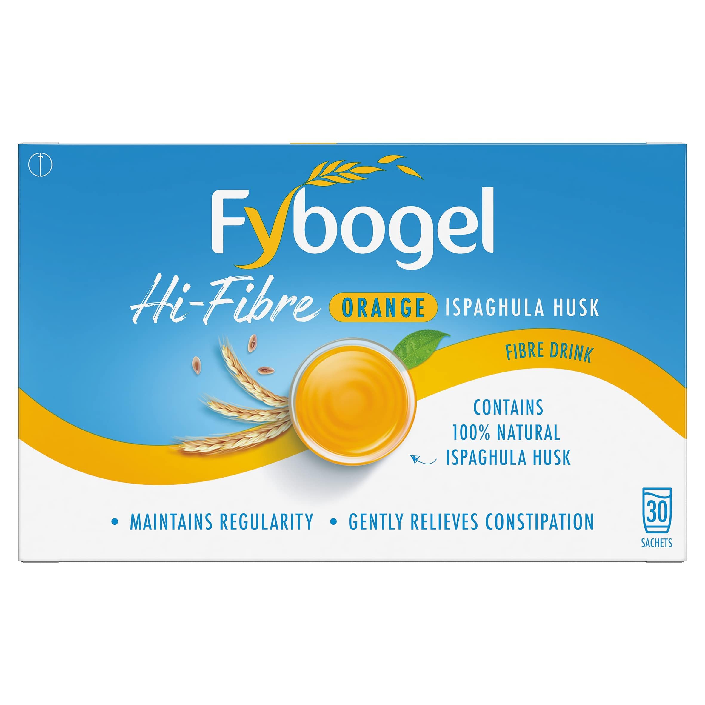 Fybogel Hi-Fibre Orange Drink packaging front view