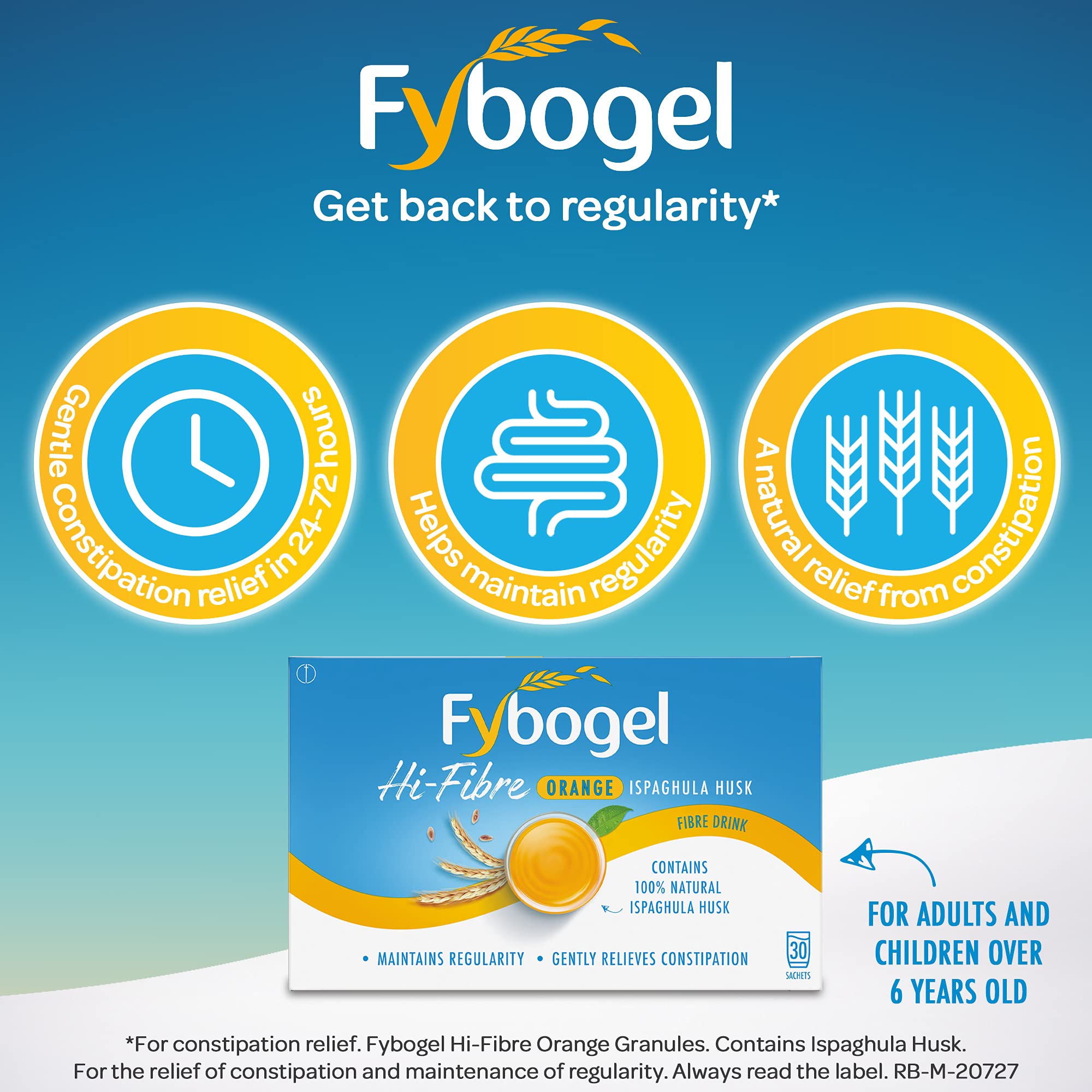 Fybogel Hi-Fibre Orange Drink sachets displayed