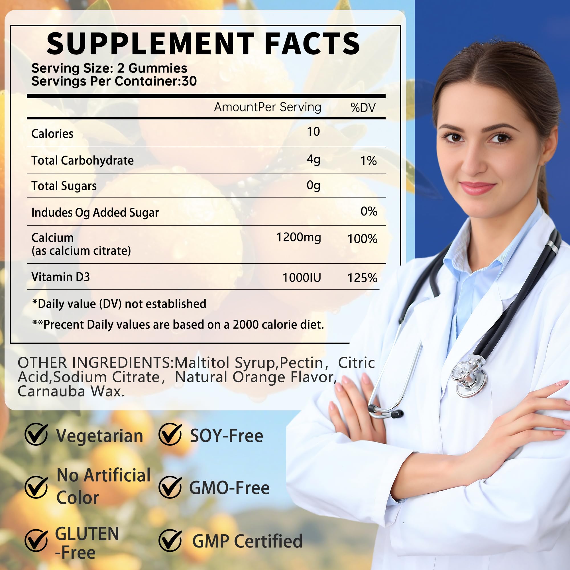 Fzjjyana Calcium Citrate Gummies displayed with fresh oranges
