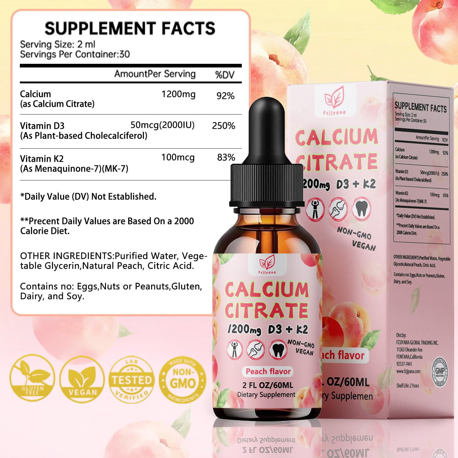 Fzjjyana Calcium Citrate Liquid Drops bottle on a kitchen counter