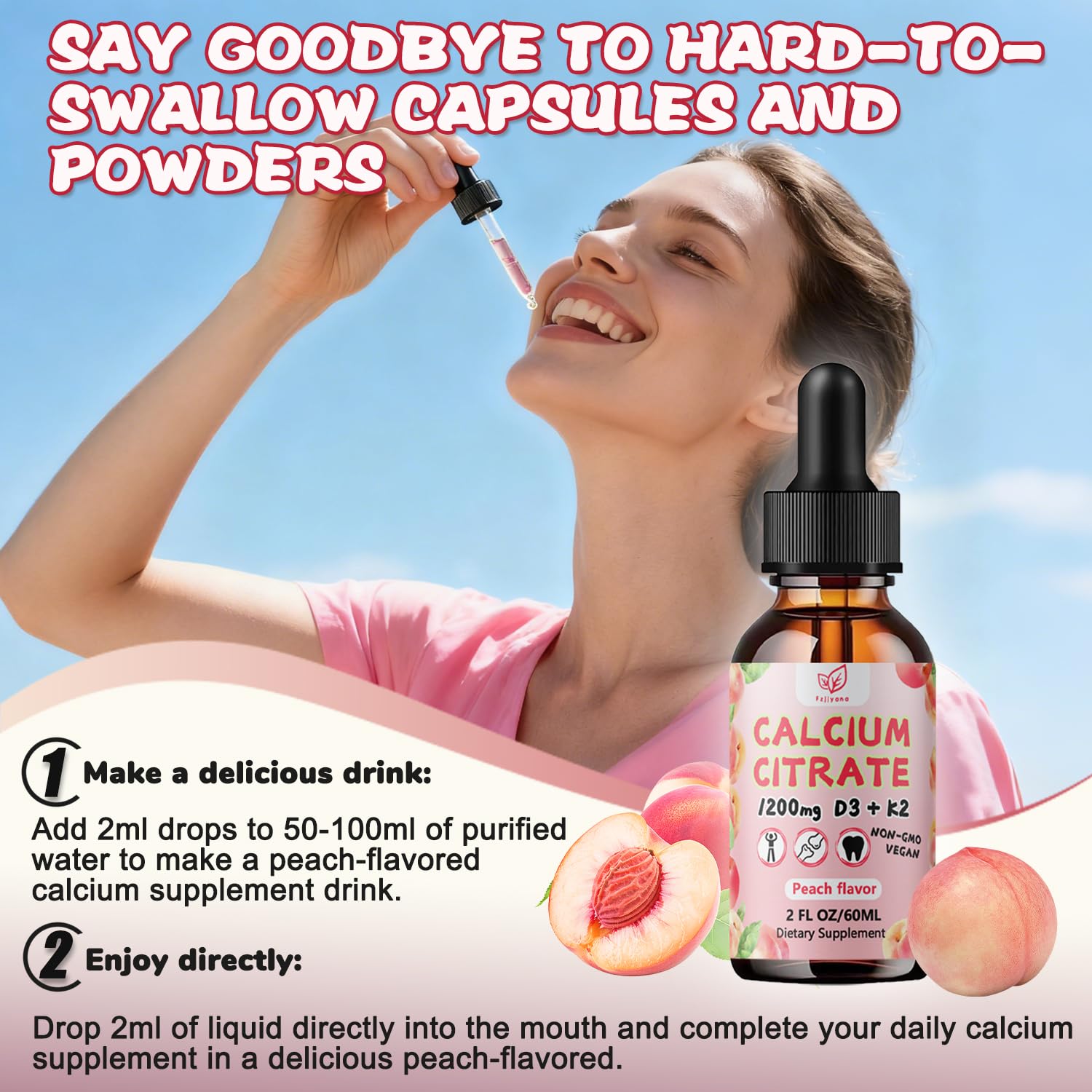 Fzjjyana Calcium Citrate Liquid Drops peach flavour close-up