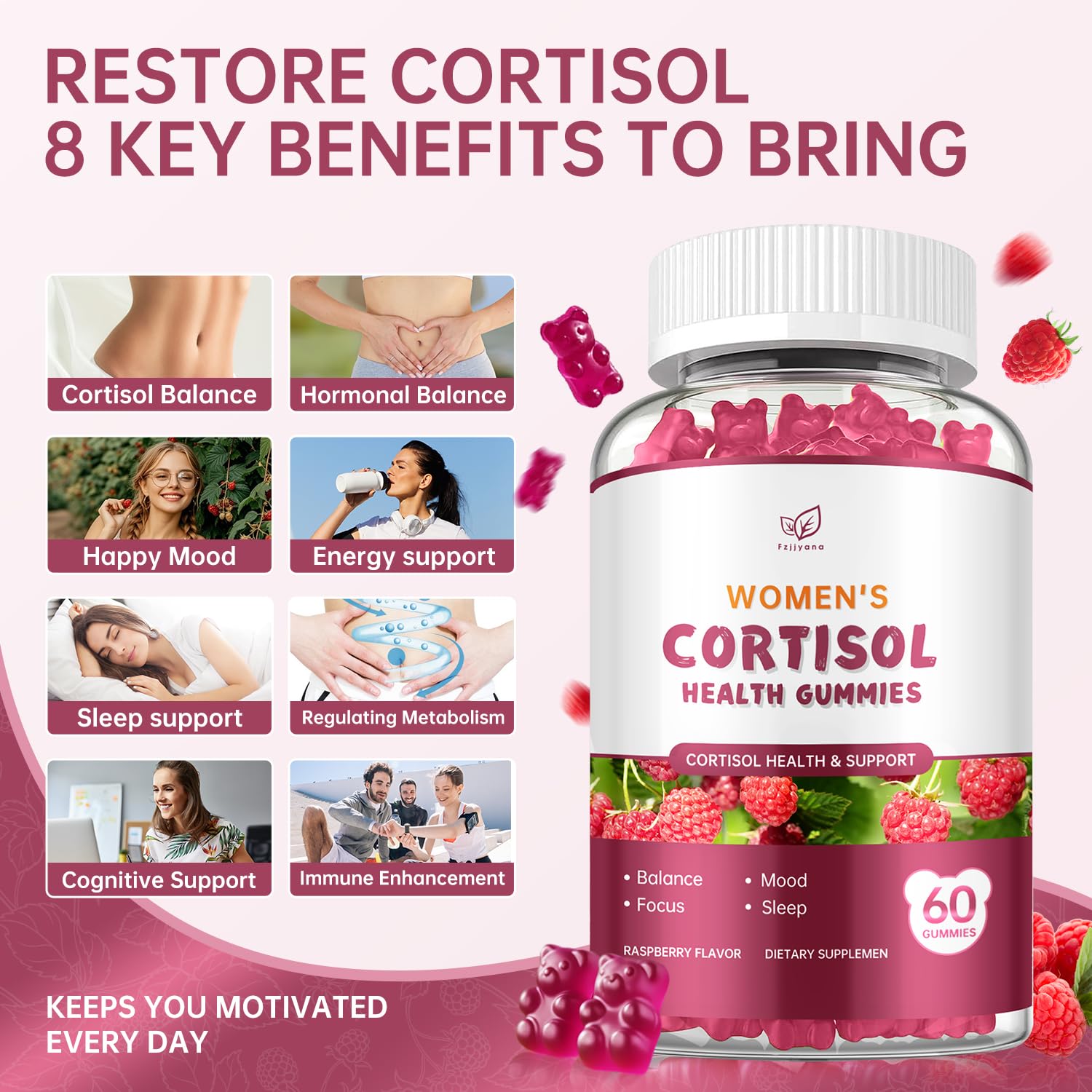 Fzjjyana Cortisol Gummies packaging with raspberry flavour