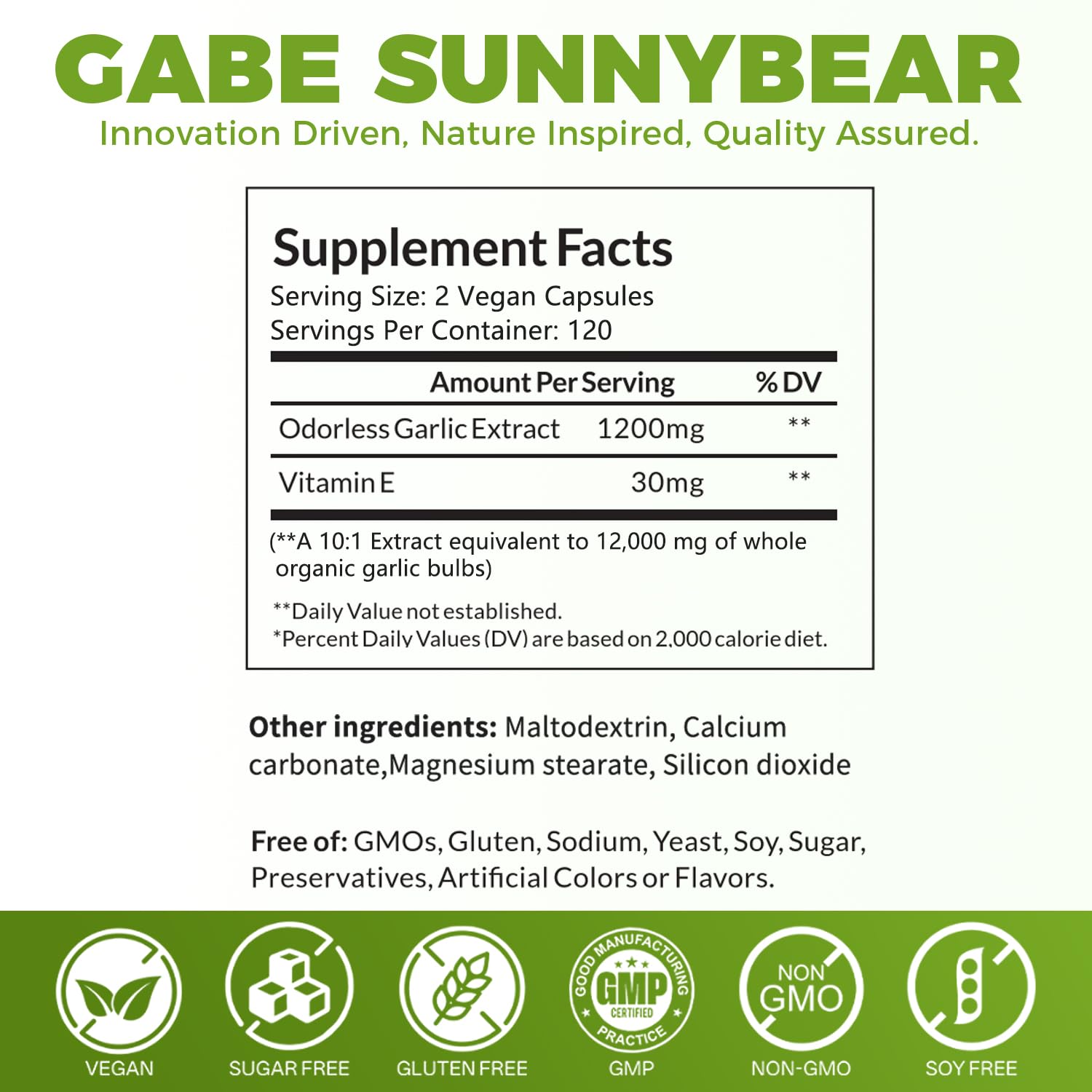 GABE SUNNYBEARS Garlic Supplement bottle with a measuring cup
