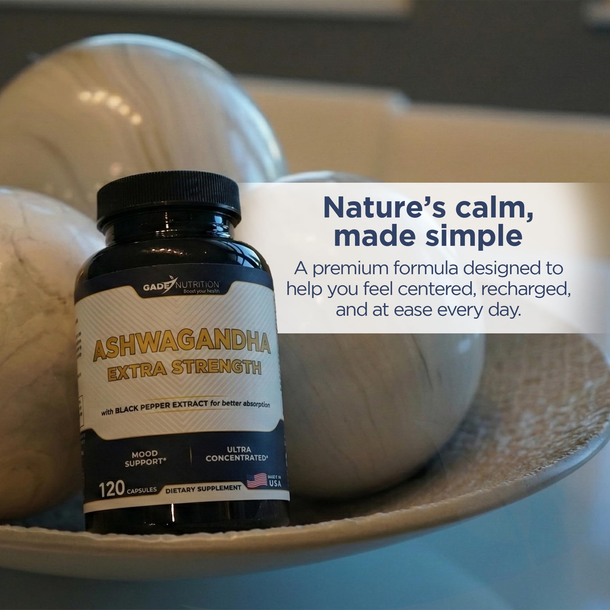 GADE NUTRITION Ashwagandha Extra Strength Capsules on a wooden table