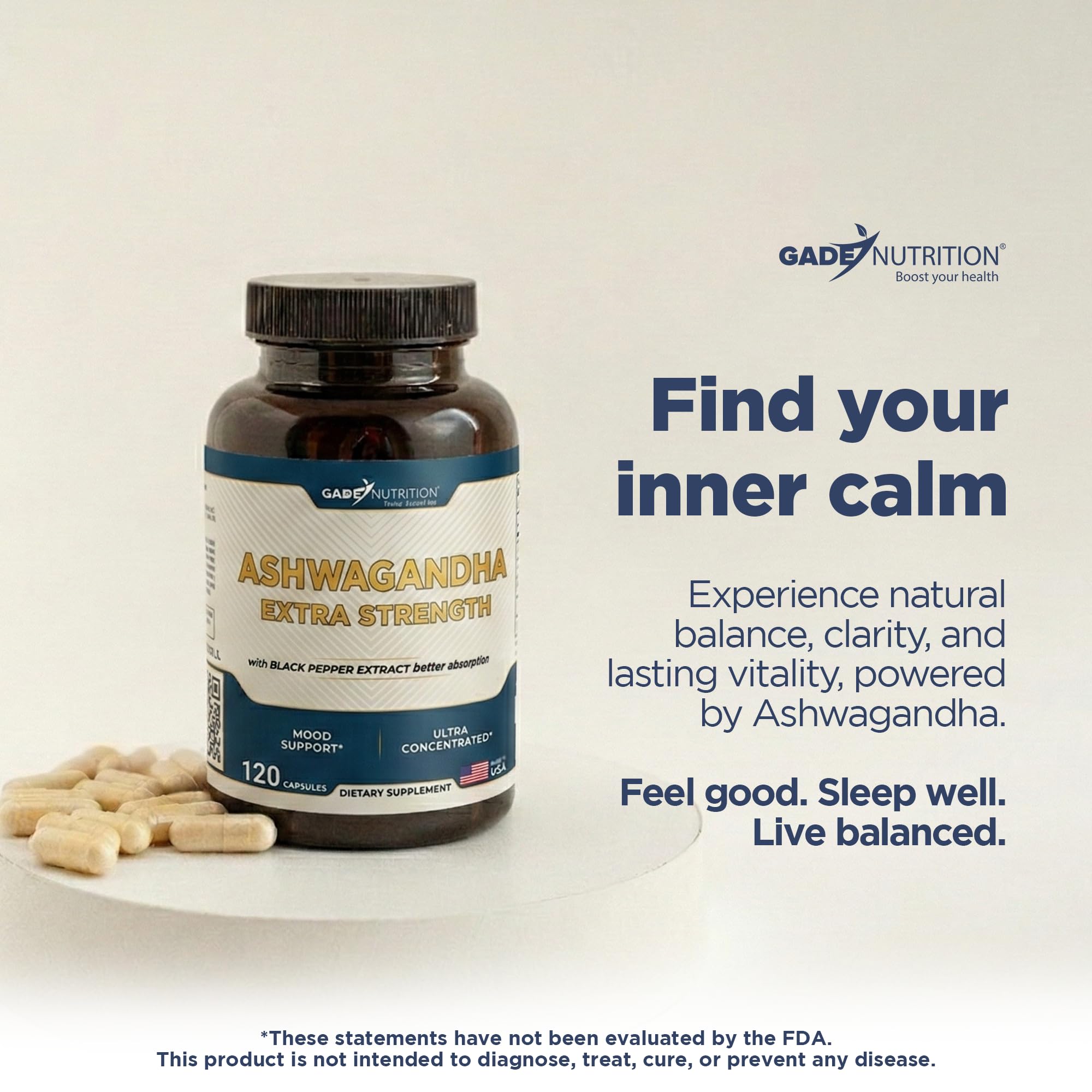 GADE NUTRITION Ashwagandha Extra Strength Capsules with measuring spoon