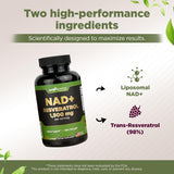 GADE NUTRITION NAD+ with Resveratrol supplement bottle and capsules