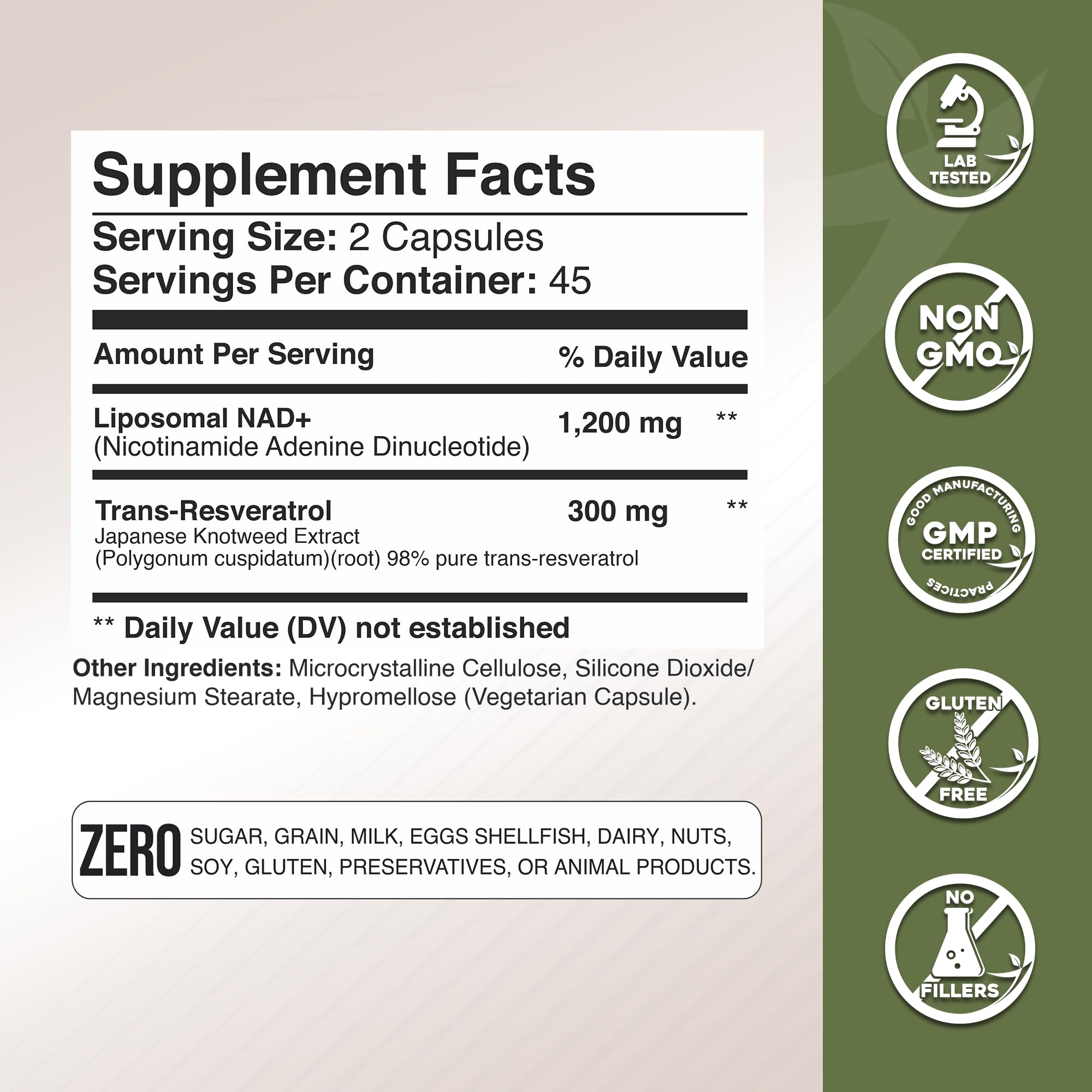 GADE NUTRITION NAD+ with Resveratrol supplement ingredients list