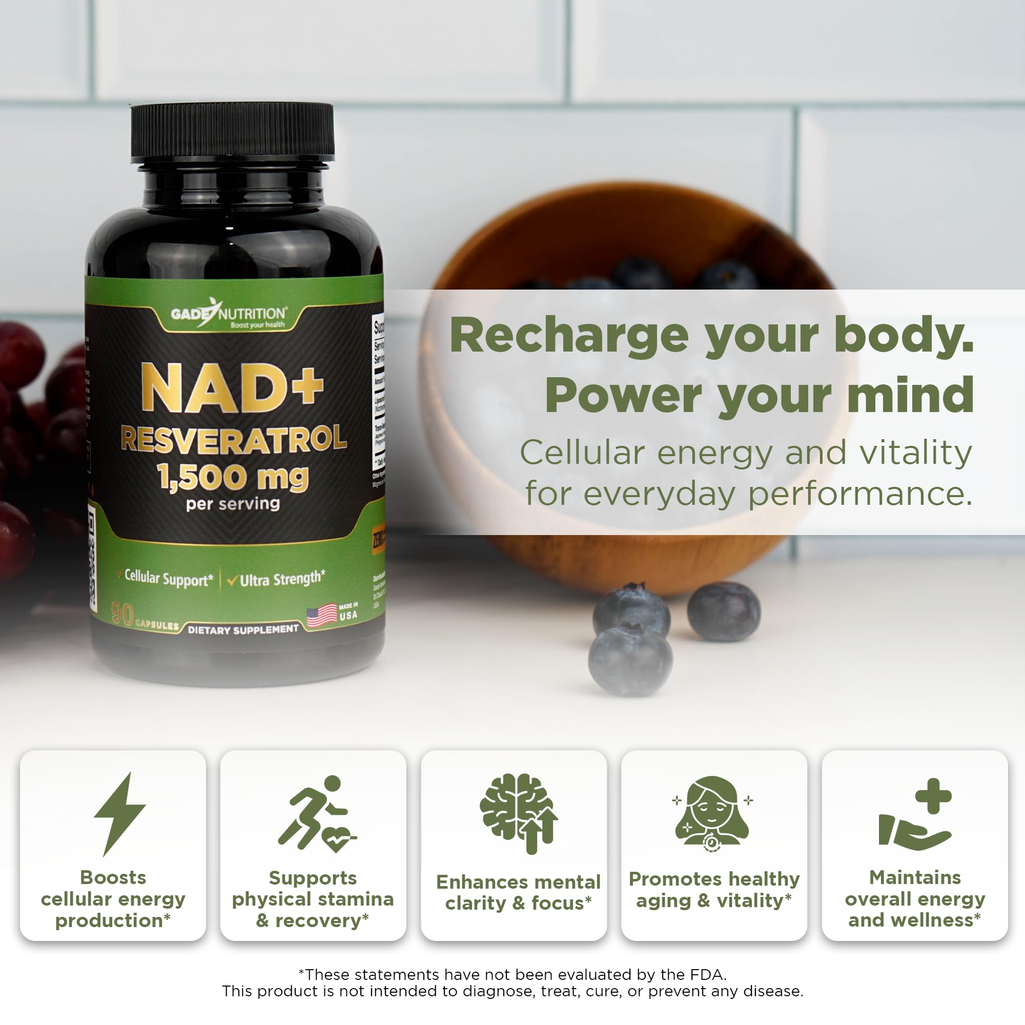 GADE NUTRITION NAD+ with Resveratrol supplement side view