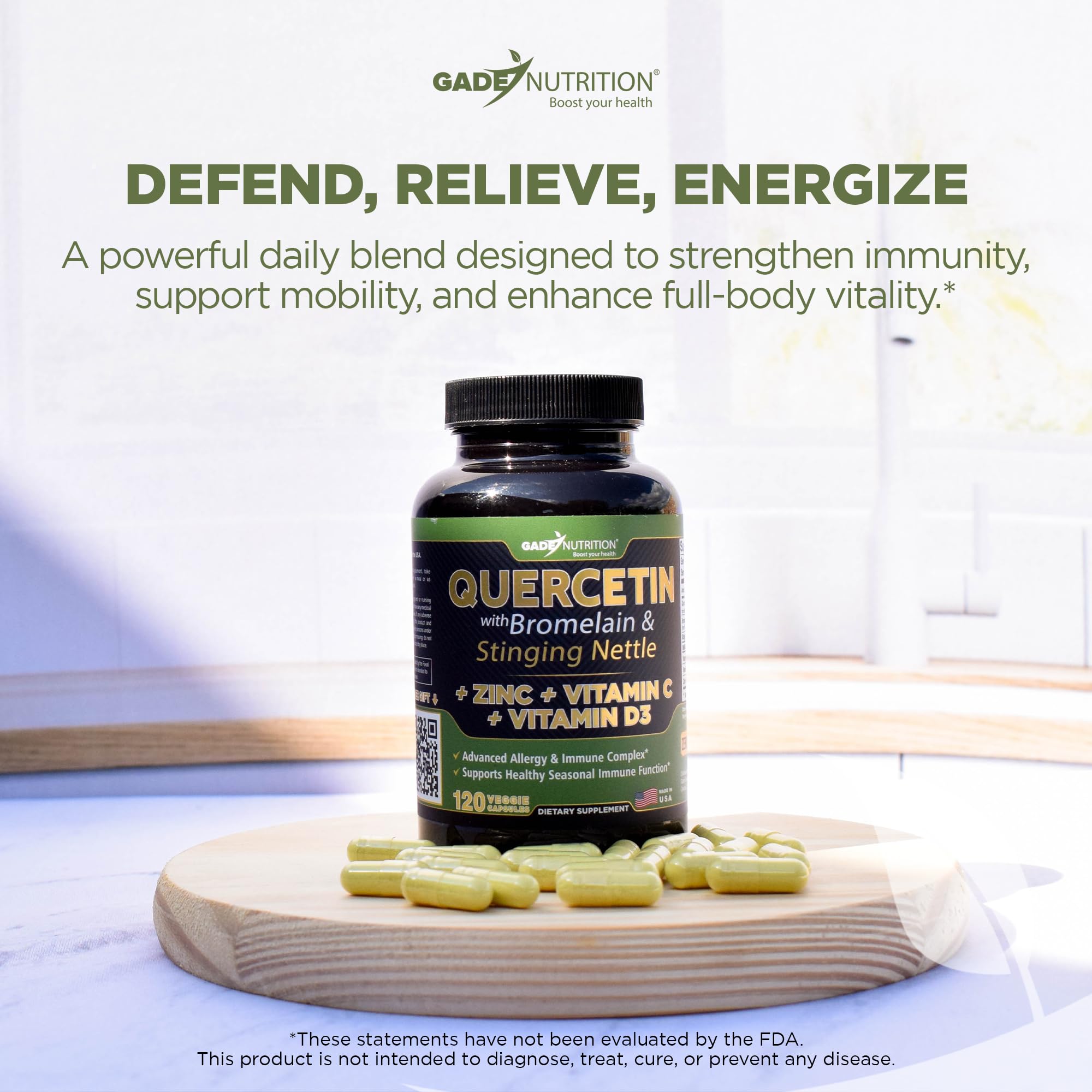 GADE NUTRITION Quercetin 500mg capsules with lifestyle background